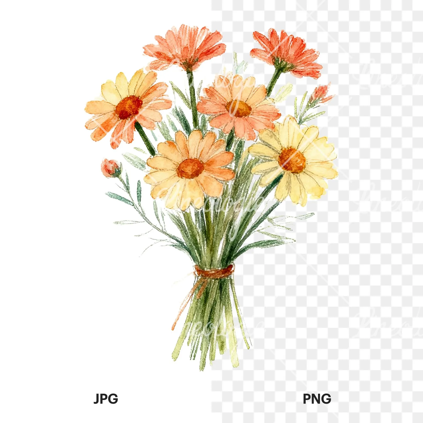 Watercolor colorful daisy bouquet clipart 9 of 9, as a JPG on white and a transparent PNG