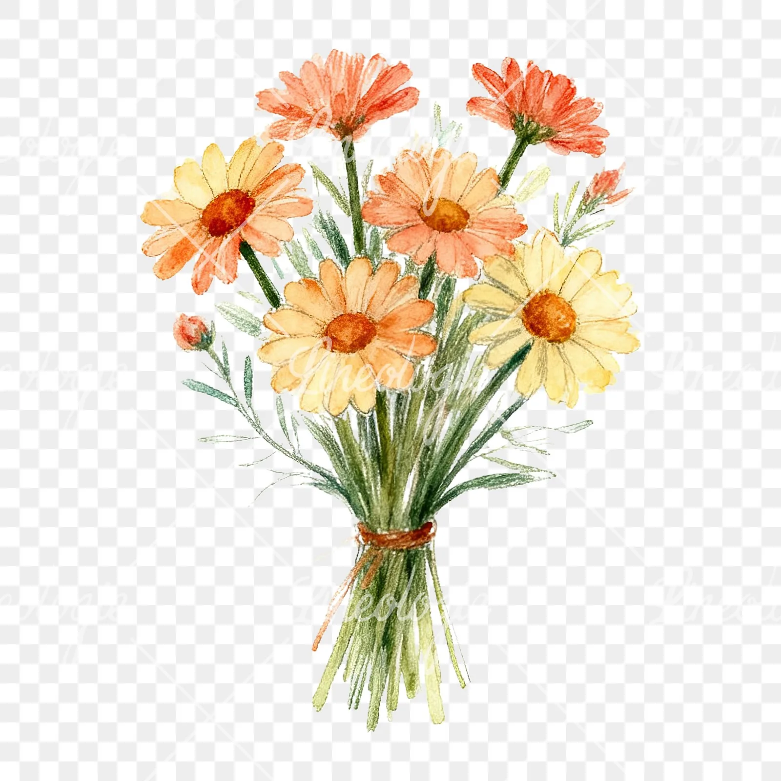 Watercolor colorful daisy bouquet clipart 9 of 9 on a transparent background (PNG)