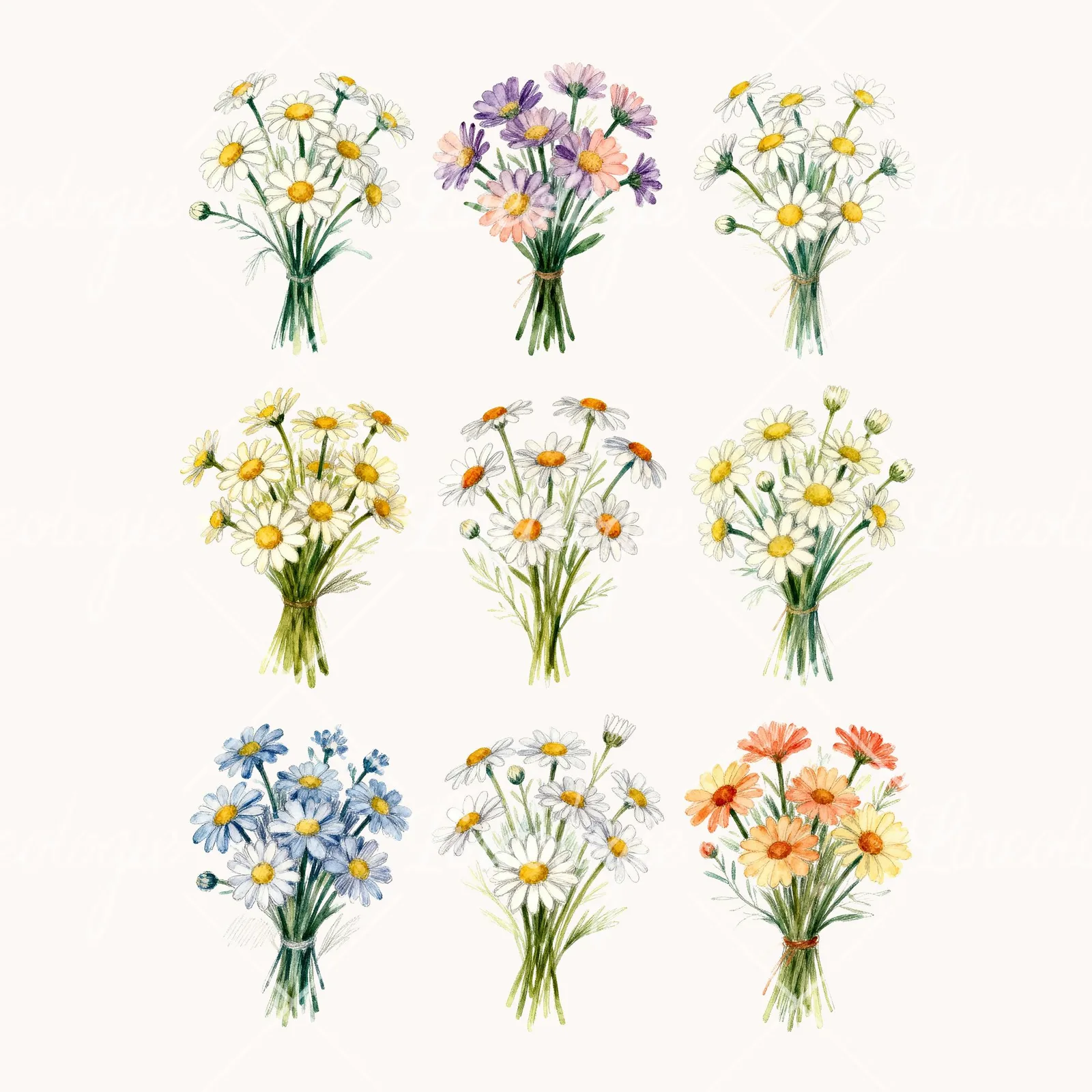 Watercolor Colorful Daisy Bouquet Clipart, all 9 illustrations in the pack