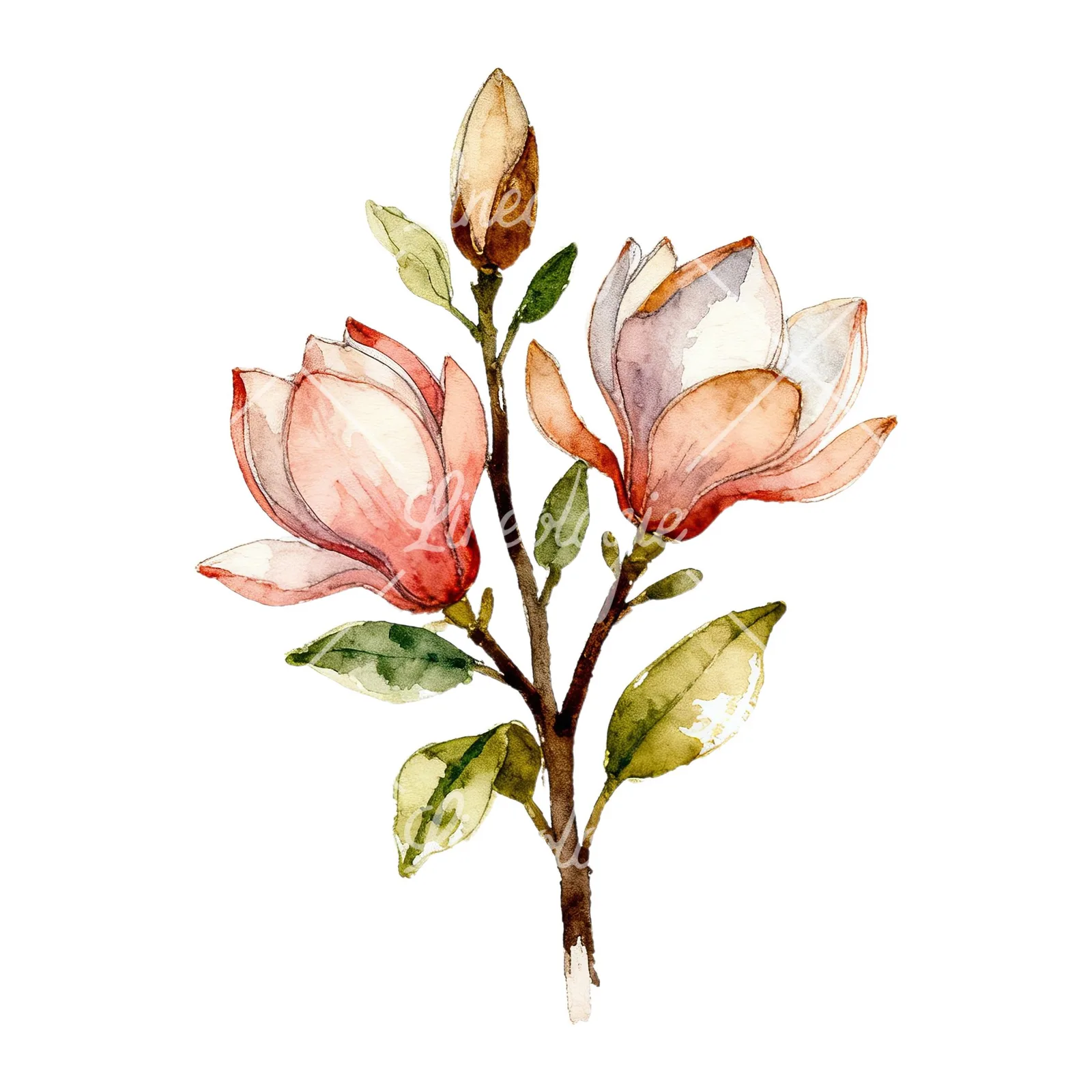 Watercolor pink and yellow magnolia bouquet clipart 1 of 9 on a white background (JPG)