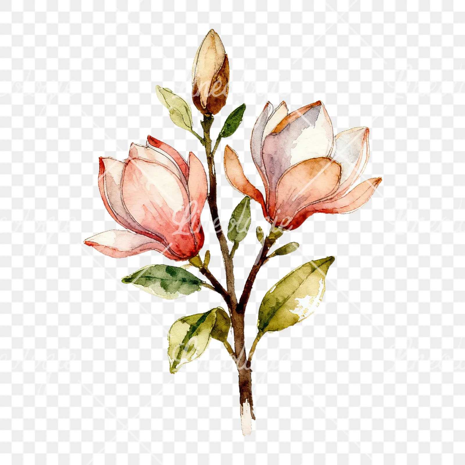 Watercolor pink and yellow magnolia bouquet clipart 1 of 9 on a transparent background (PNG)