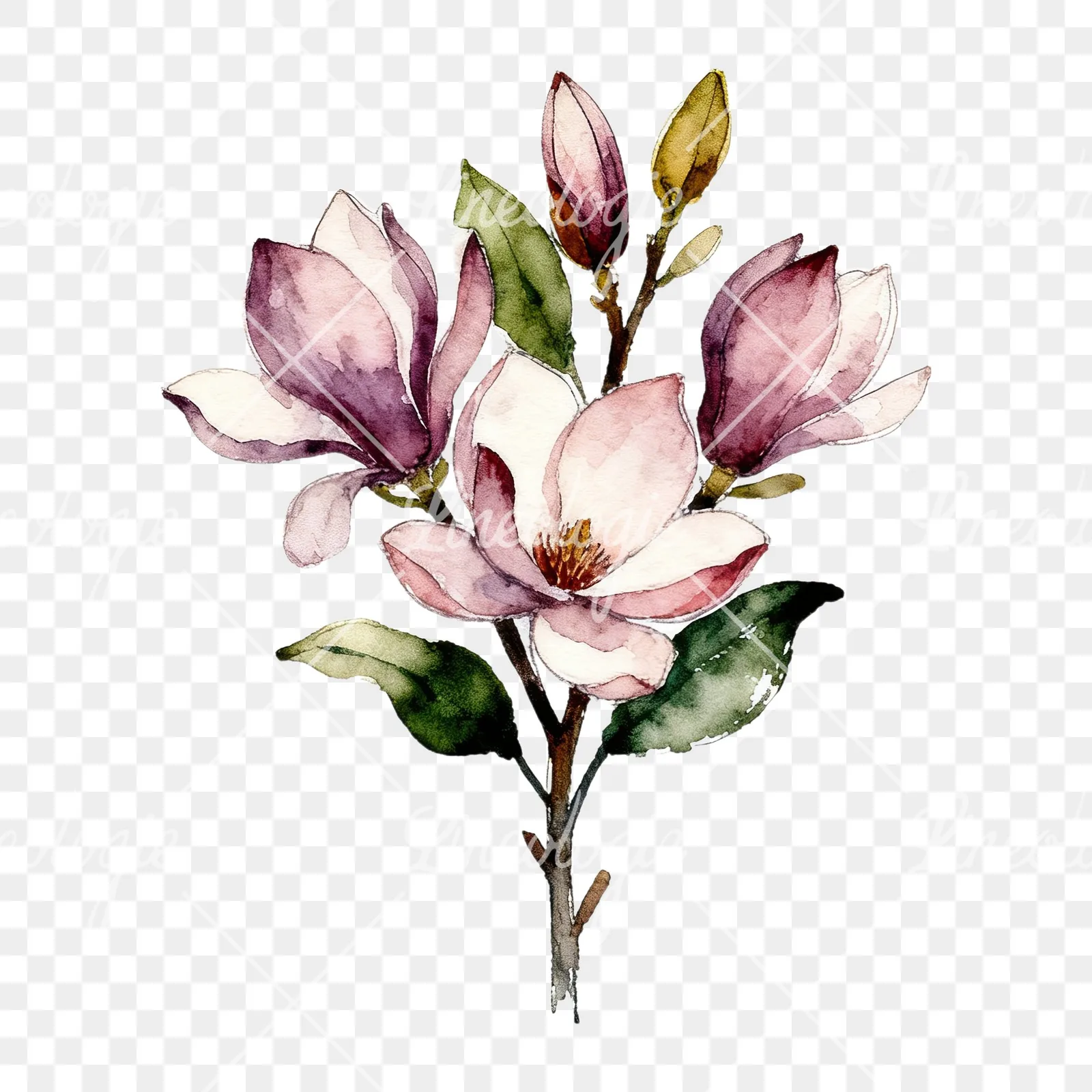 Watercolor pink and yellow magnolia bouquet clipart 2 of 9 on a transparent background (PNG)
