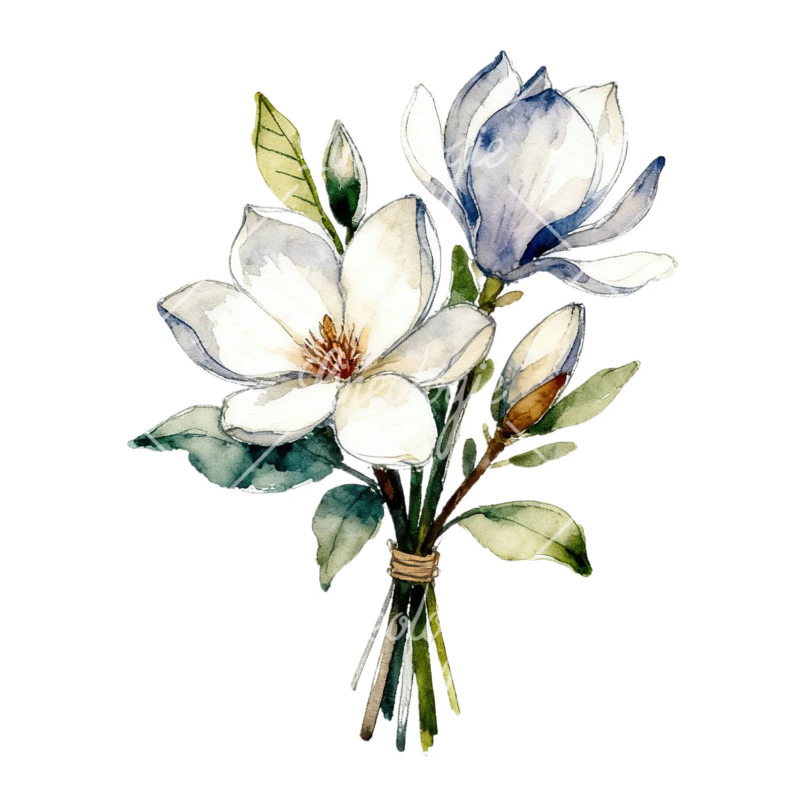 Watercolor pink and yellow magnolia bouquet clipart 3 of 9 on a white background (JPG)