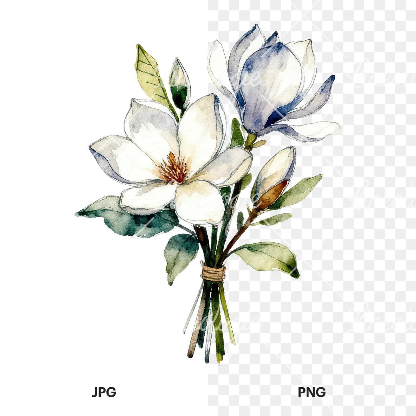 Watercolor pink and yellow magnolia bouquet clipart 3 of 9, as a JPG on white and a transparent PNG
