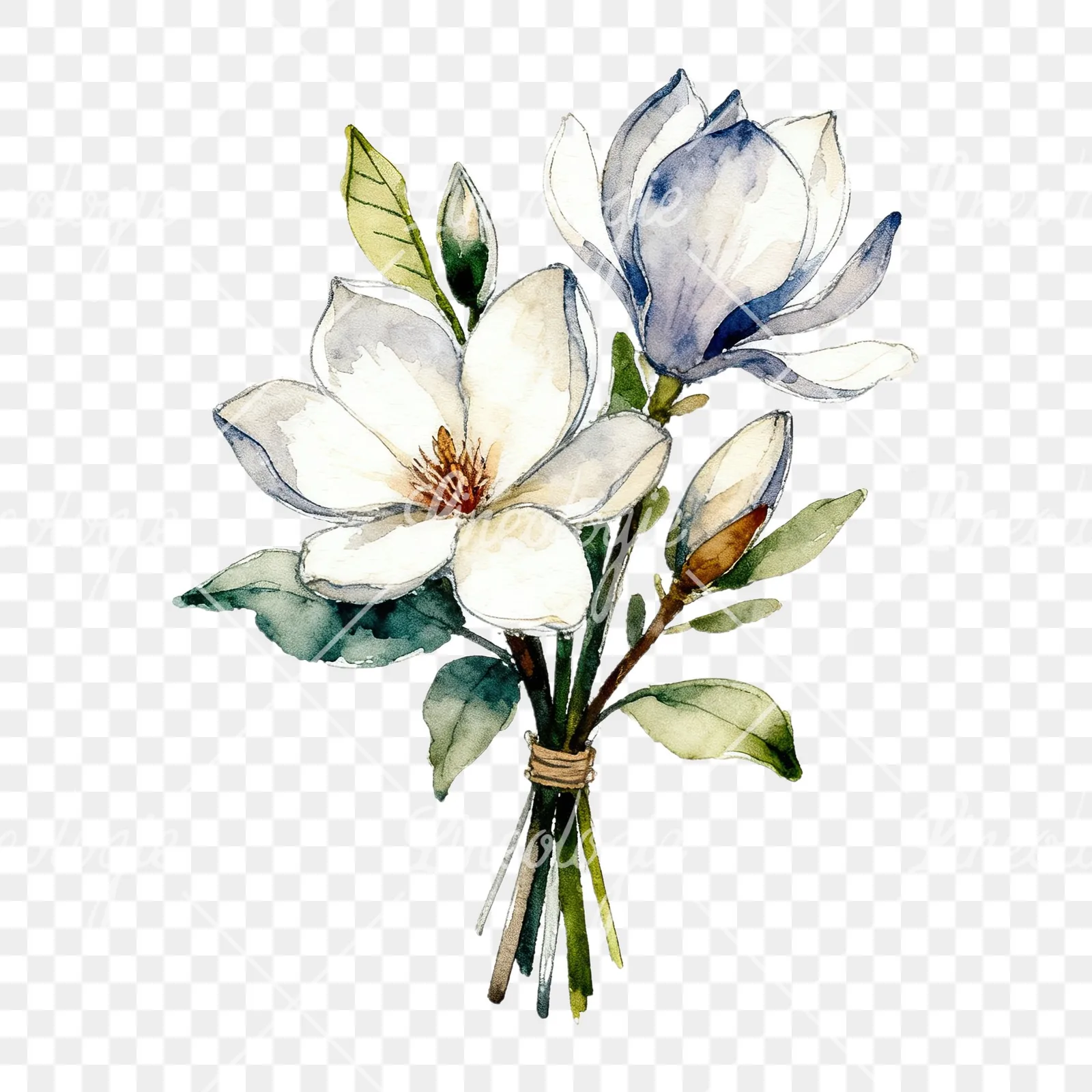 Watercolor pink and yellow magnolia bouquet clipart 3 of 9 on a transparent background (PNG)