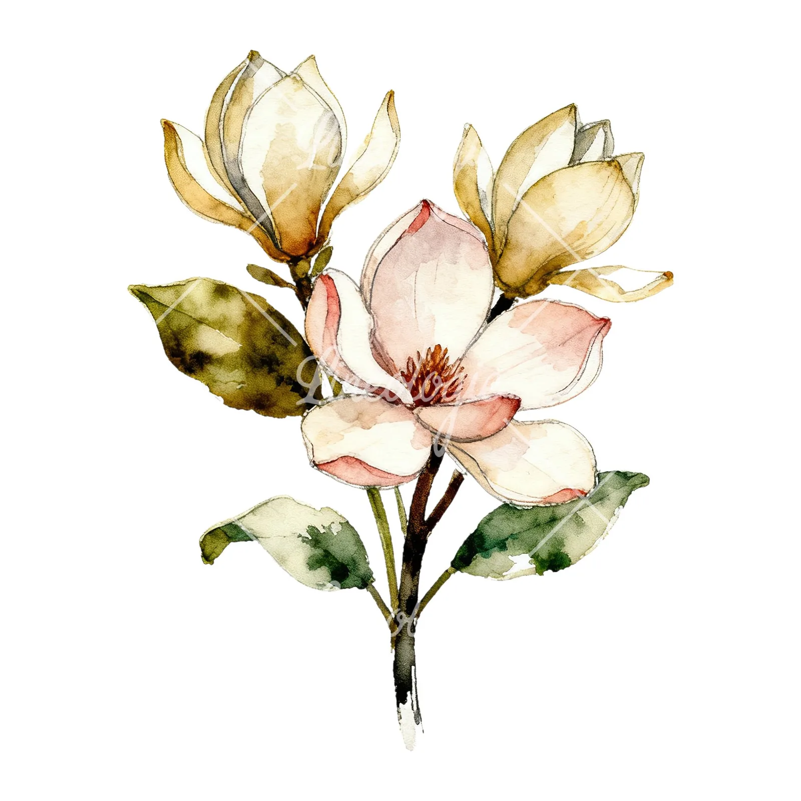 Watercolor pink and yellow magnolia bouquet clipart 5 of 9 on a white background (JPG)