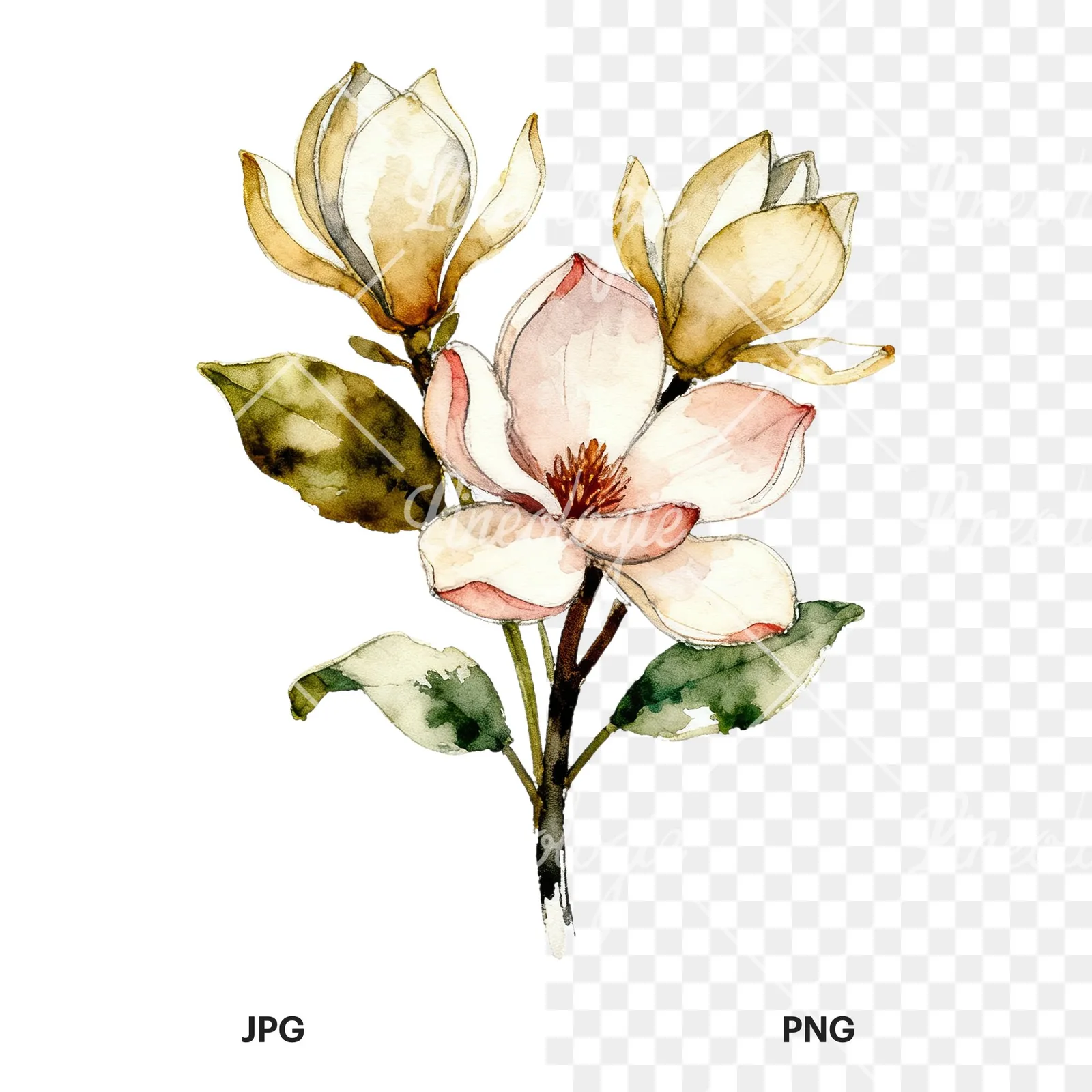 Watercolor pink and yellow magnolia bouquet clipart 5 of 9, as a JPG on white and a transparent PNG