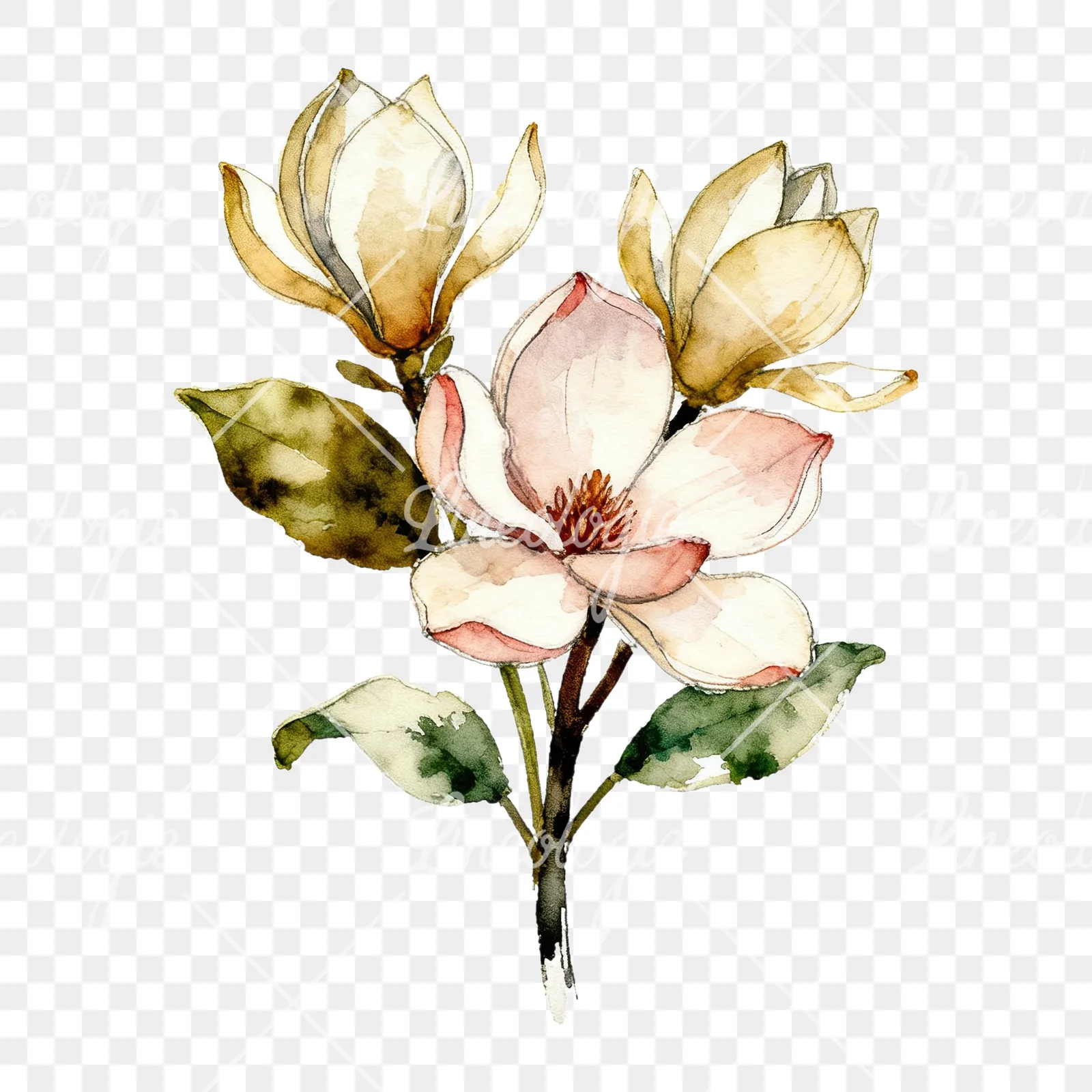 Watercolor pink and yellow magnolia bouquet clipart 5 of 9 on a transparent background (PNG)