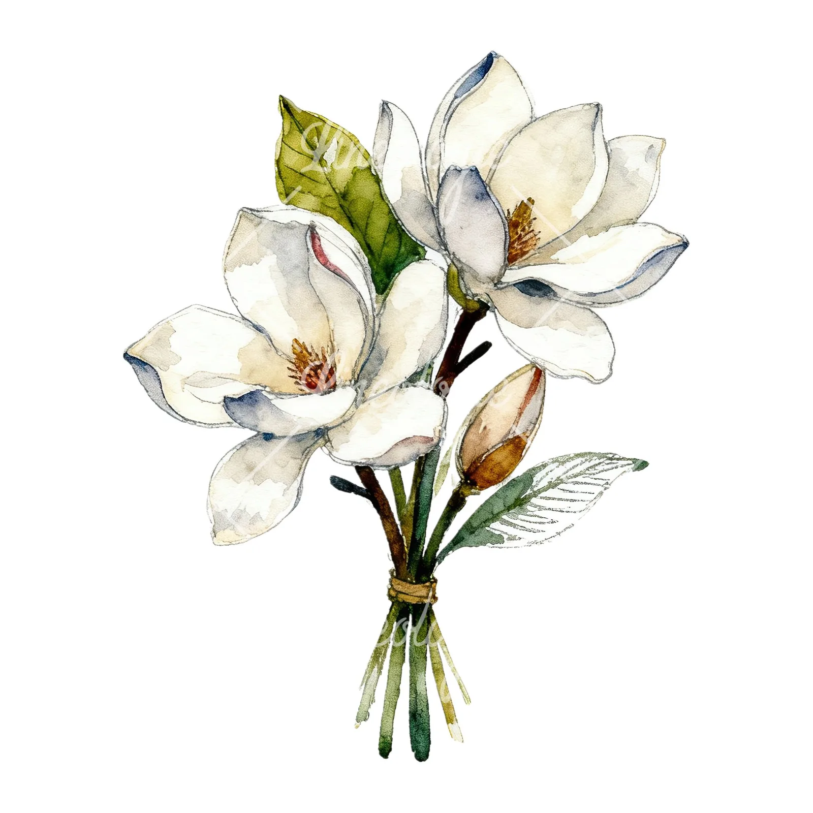 Watercolor pink and yellow magnolia bouquet clipart 6 of 9 on a white background (JPG)