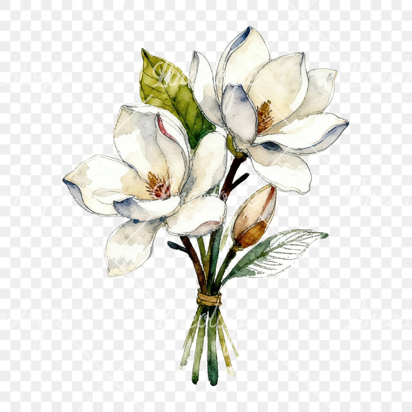 Watercolor pink and yellow magnolia bouquet clipart 6 of 9 on a transparent background (PNG)