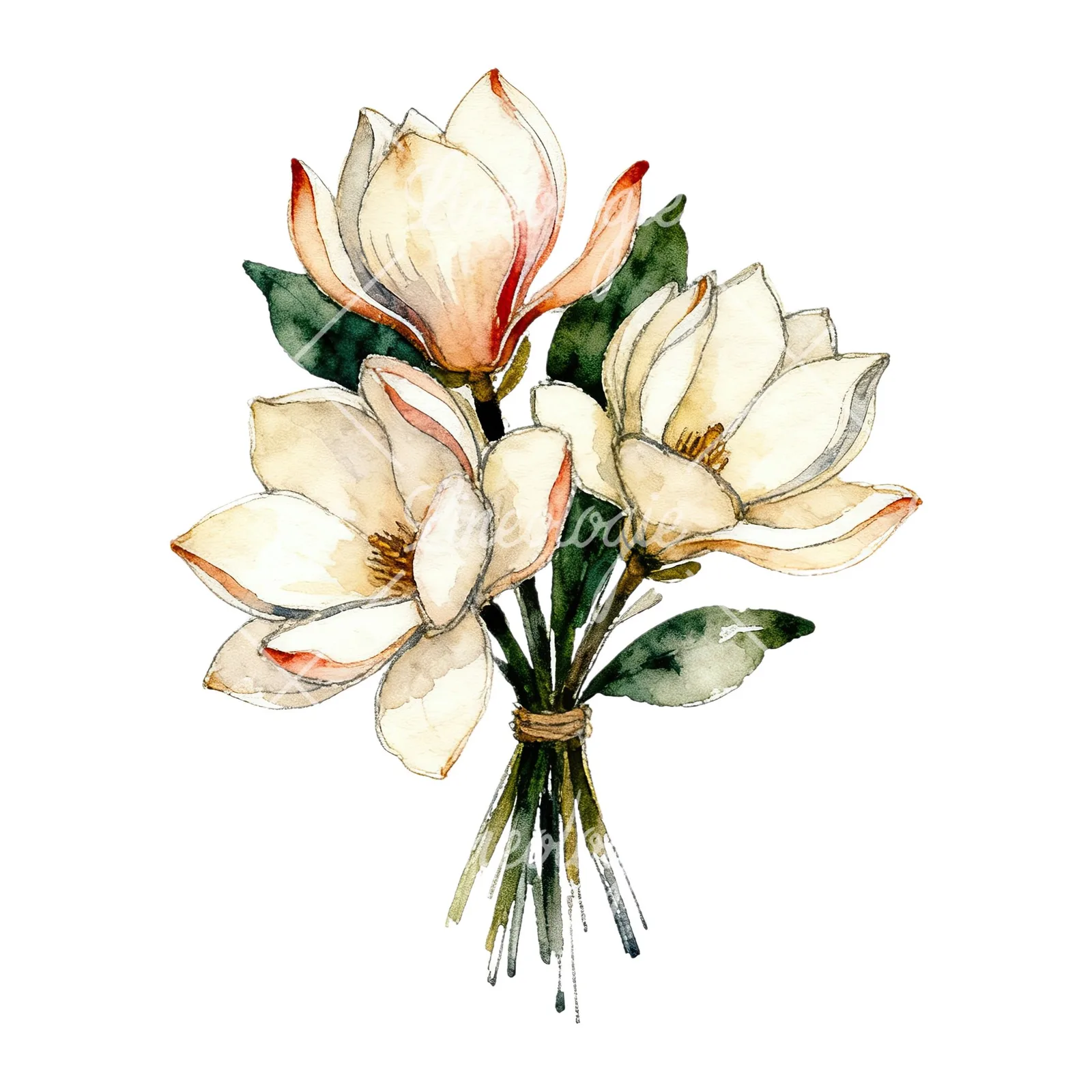 Watercolor pink and yellow magnolia bouquet clipart 8 of 9 on a white background (JPG)