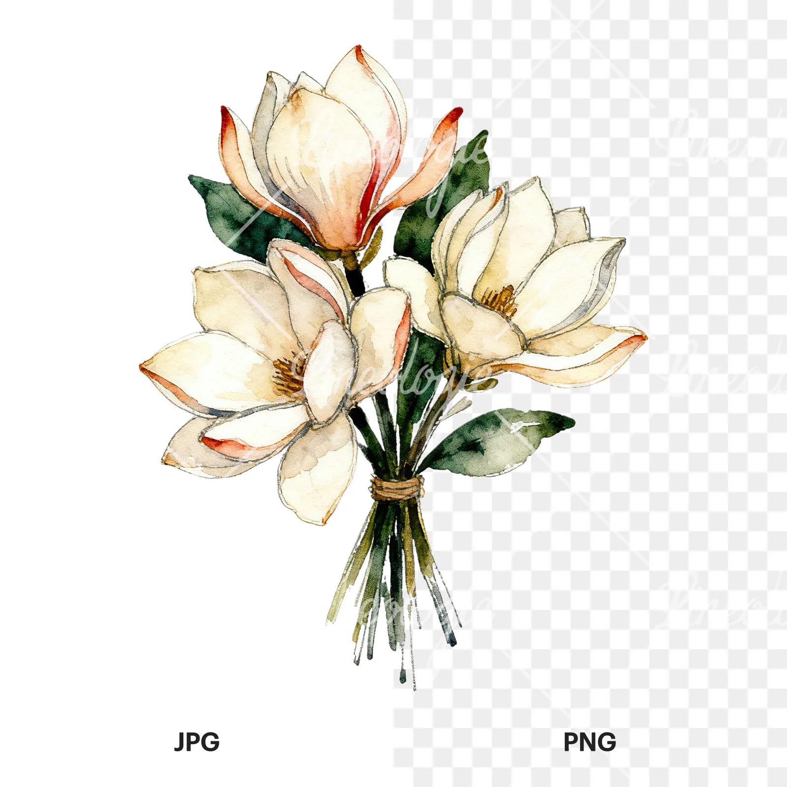 Watercolor pink and yellow magnolia bouquet clipart 8 of 9, as a JPG on white and a transparent PNG
