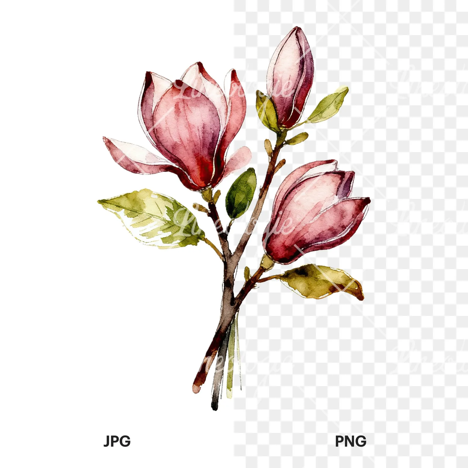 Watercolor pink and yellow magnolia bouquet clipart 9 of 9, as a JPG on white and a transparent PNG