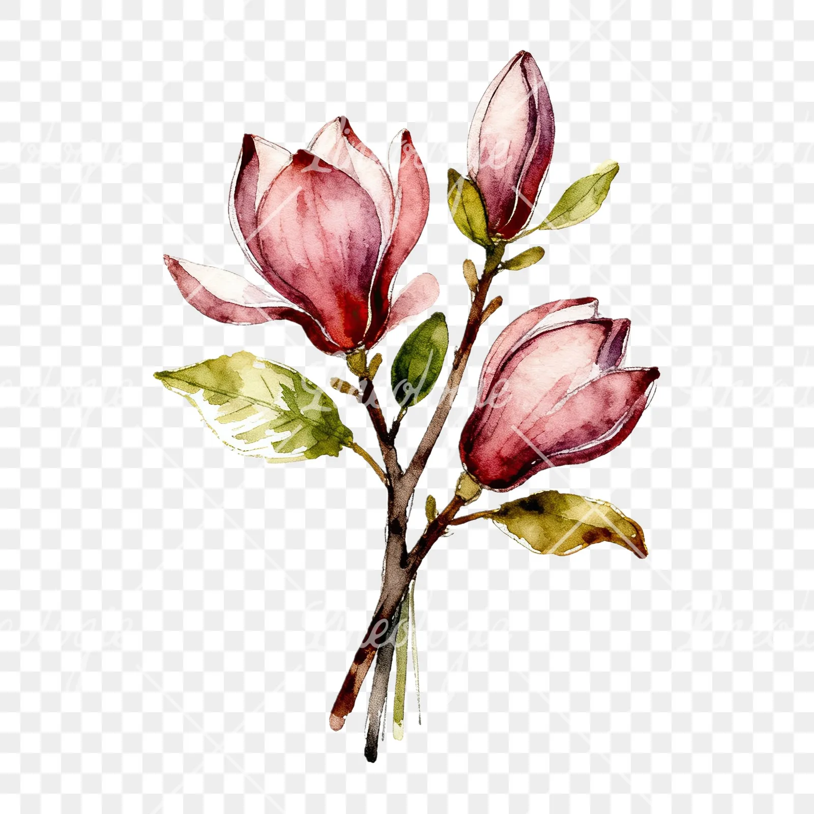 Watercolor pink and yellow magnolia bouquet clipart 9 of 9 on a transparent background (PNG)