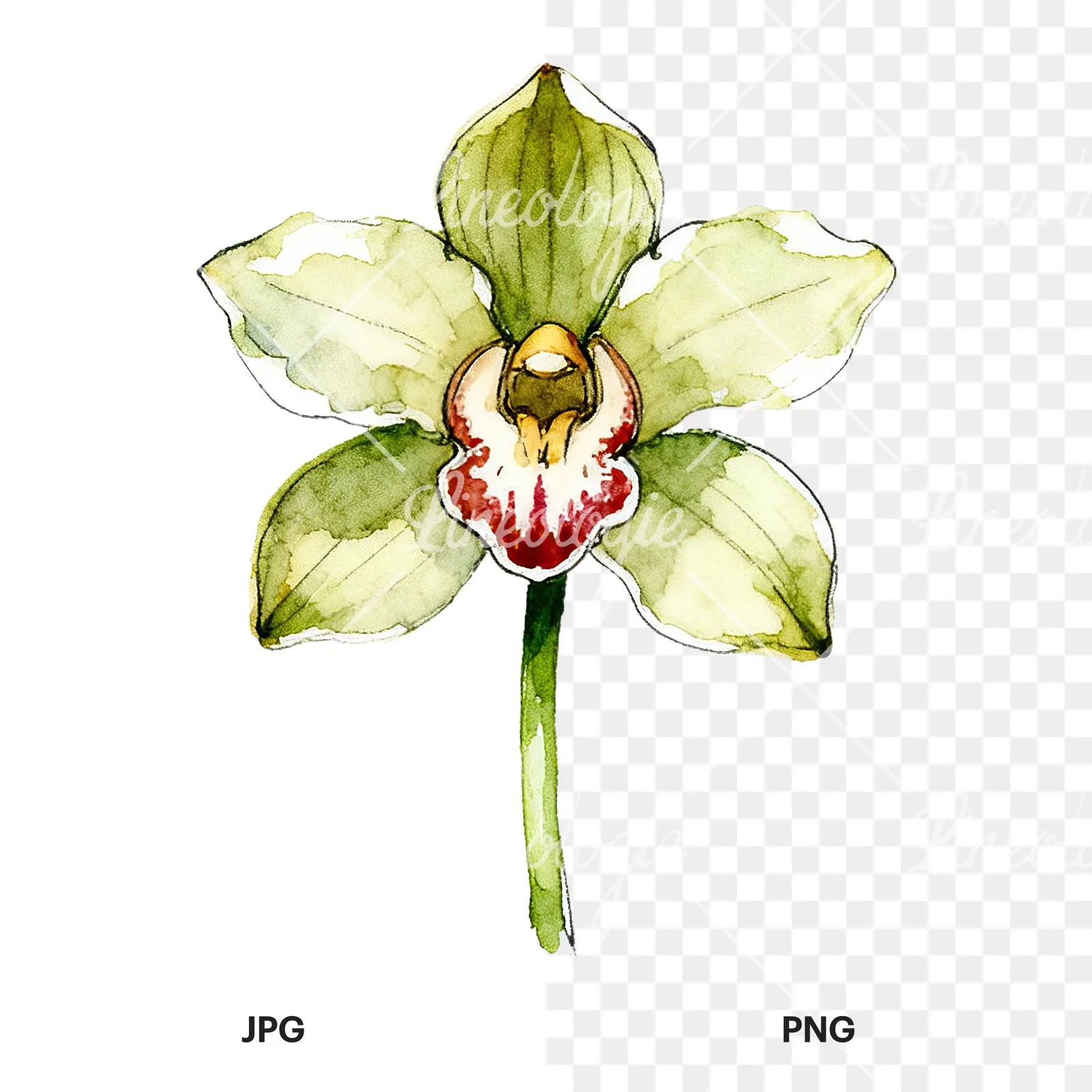 Watercolor single orchid bloom clipart 1 of 9, as a JPG on white and a transparent PNG