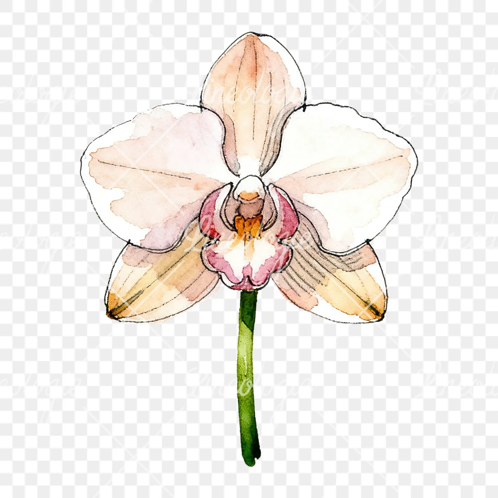 Watercolor single orchid bloom clipart 2 of 9 on a transparent background (PNG)