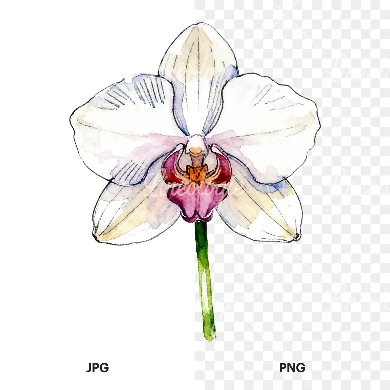 Watercolor single orchid bloom clipart 4 of 9, as a JPG on white and a transparent PNG