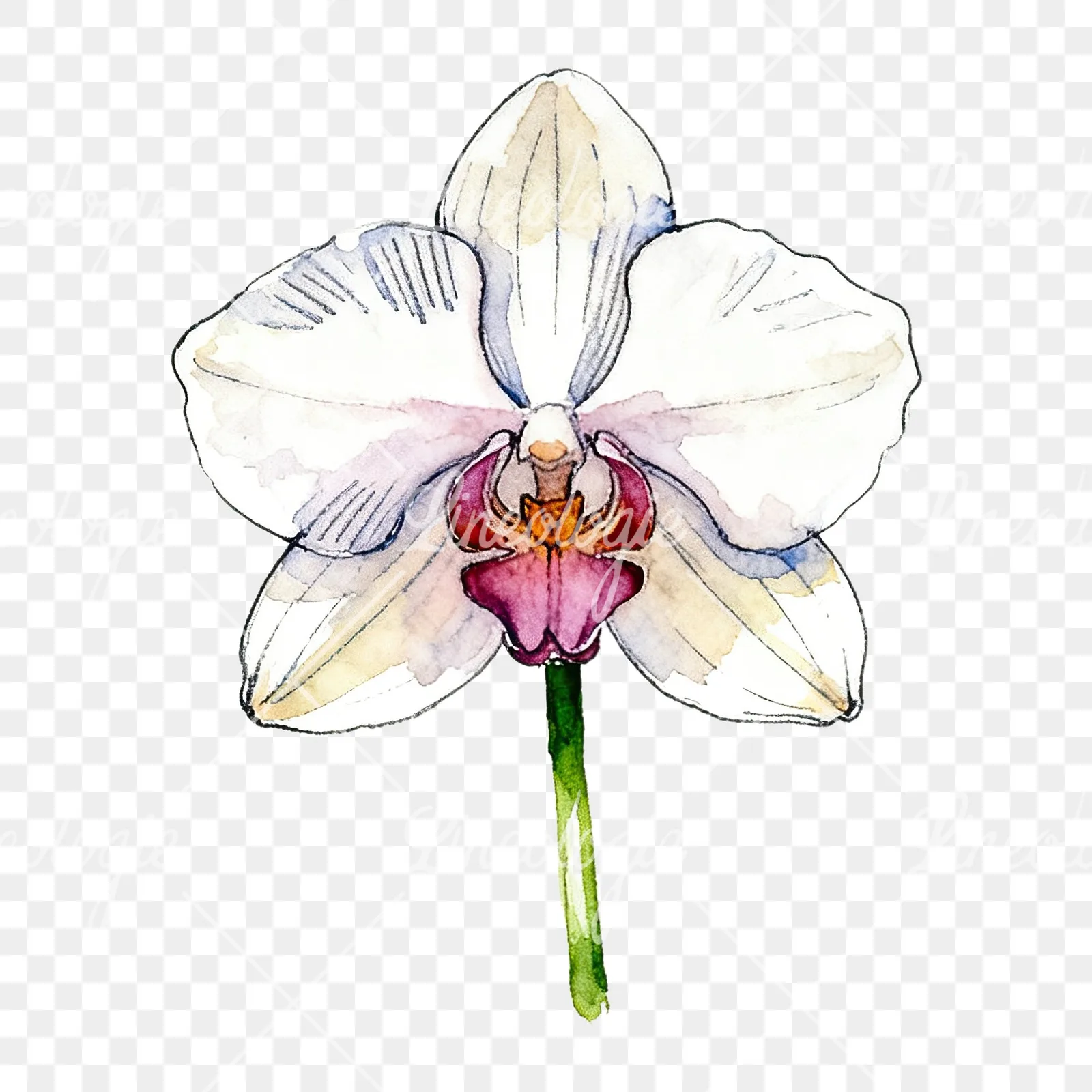 Watercolor single orchid bloom clipart 4 of 9 on a transparent background (PNG)