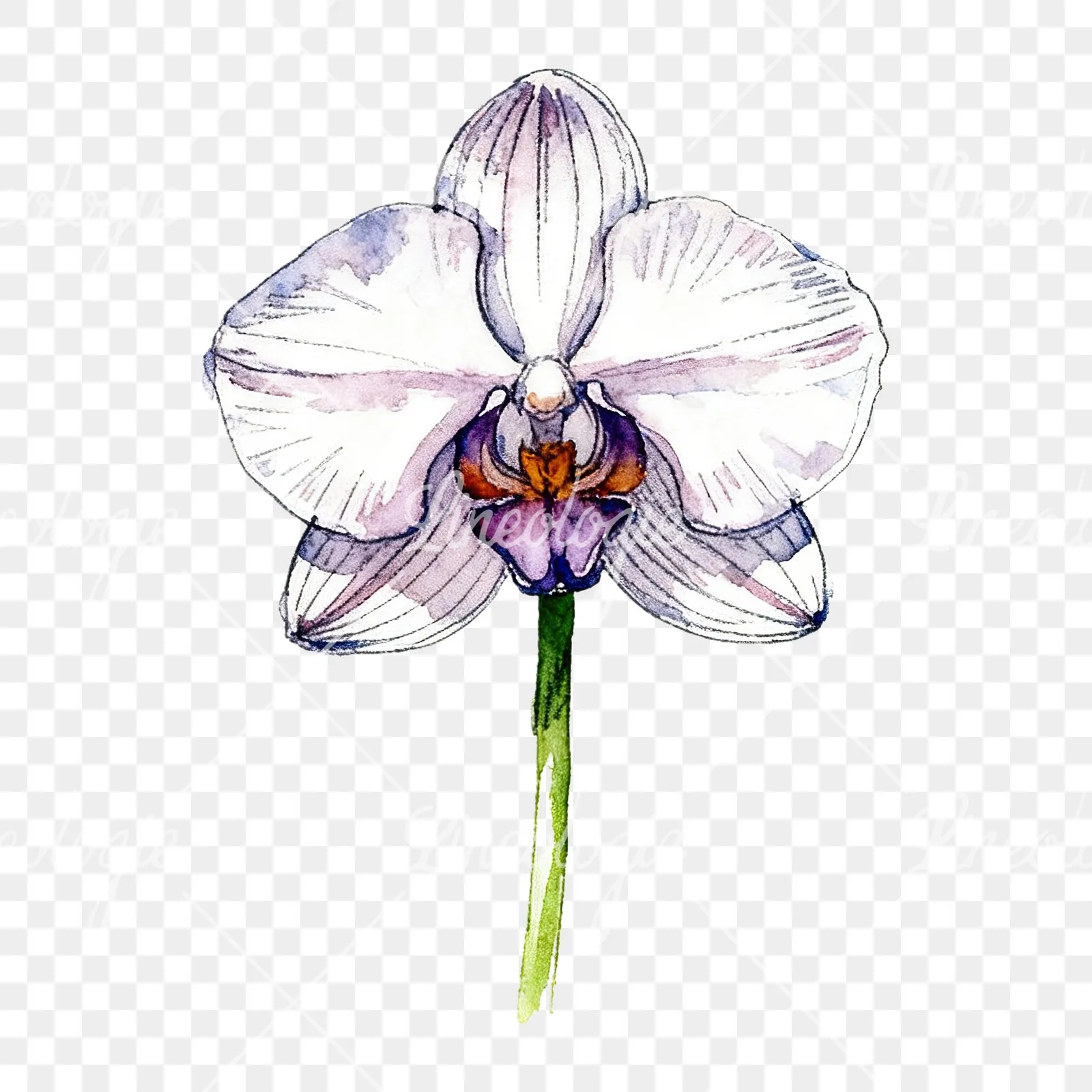 Watercolor single orchid bloom clipart 6 of 9 on a transparent background (PNG)