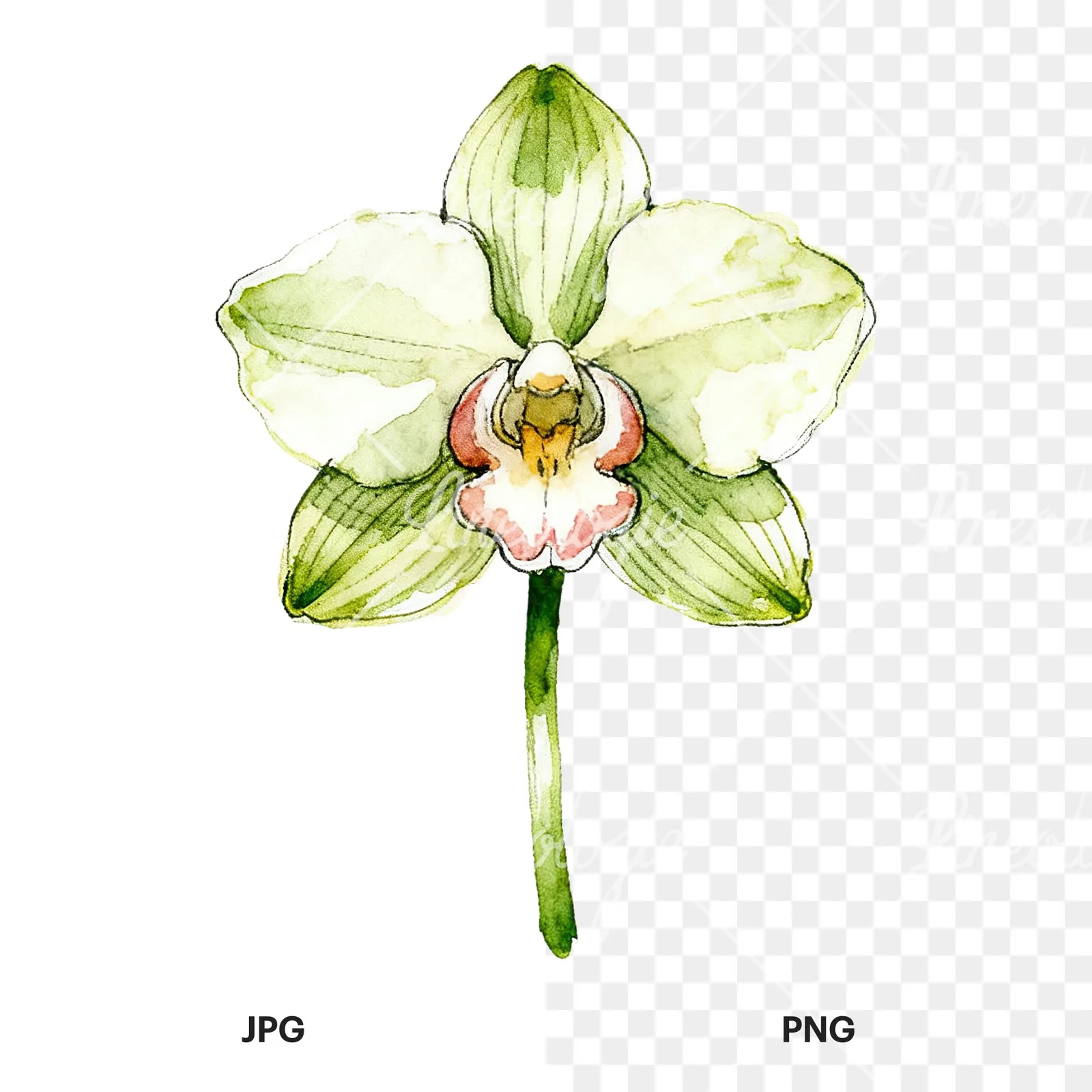 Watercolor single orchid bloom clipart 8 of 9, as a JPG on white and a transparent PNG