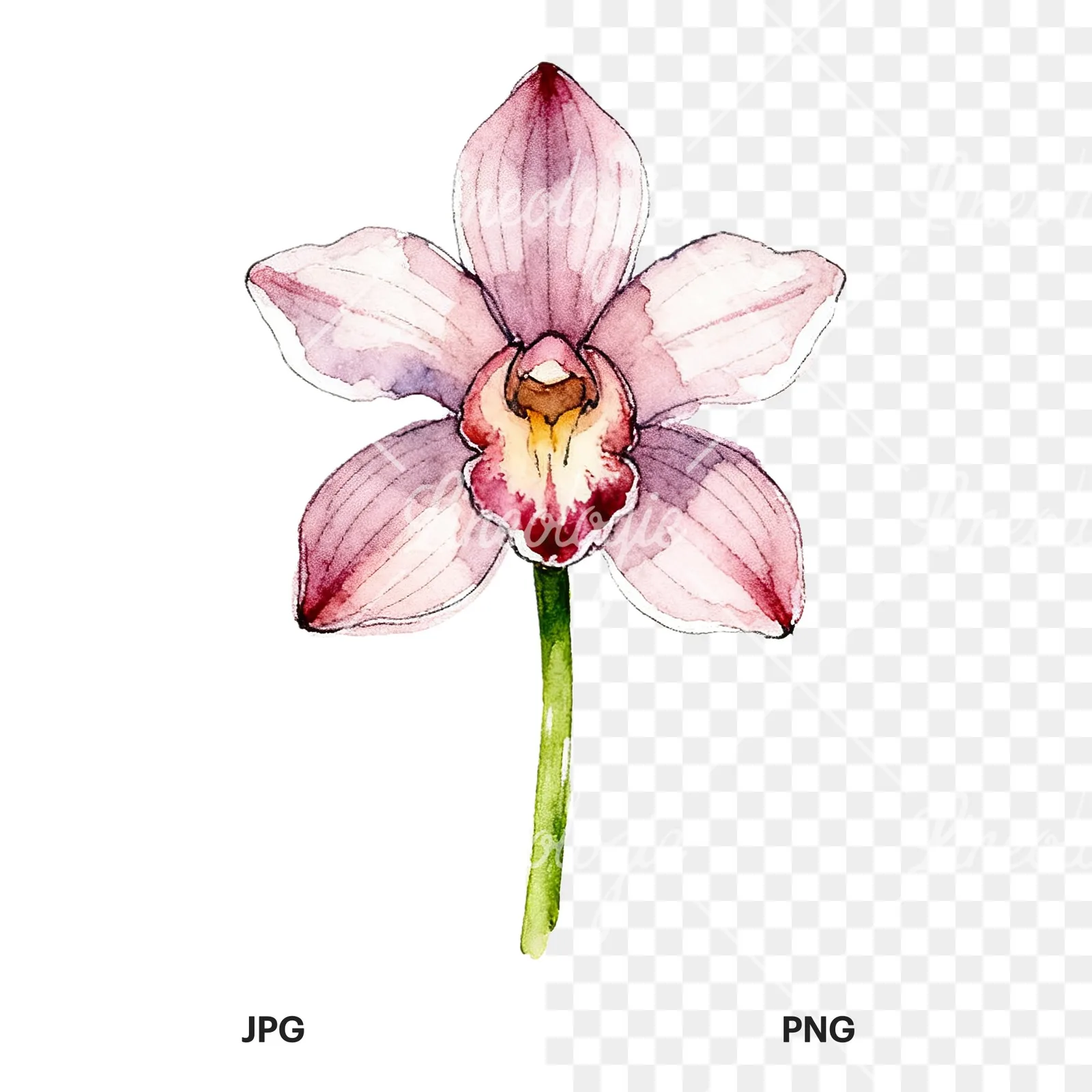 Watercolor single orchid bloom clipart 9 of 9, as a JPG on white and a transparent PNG