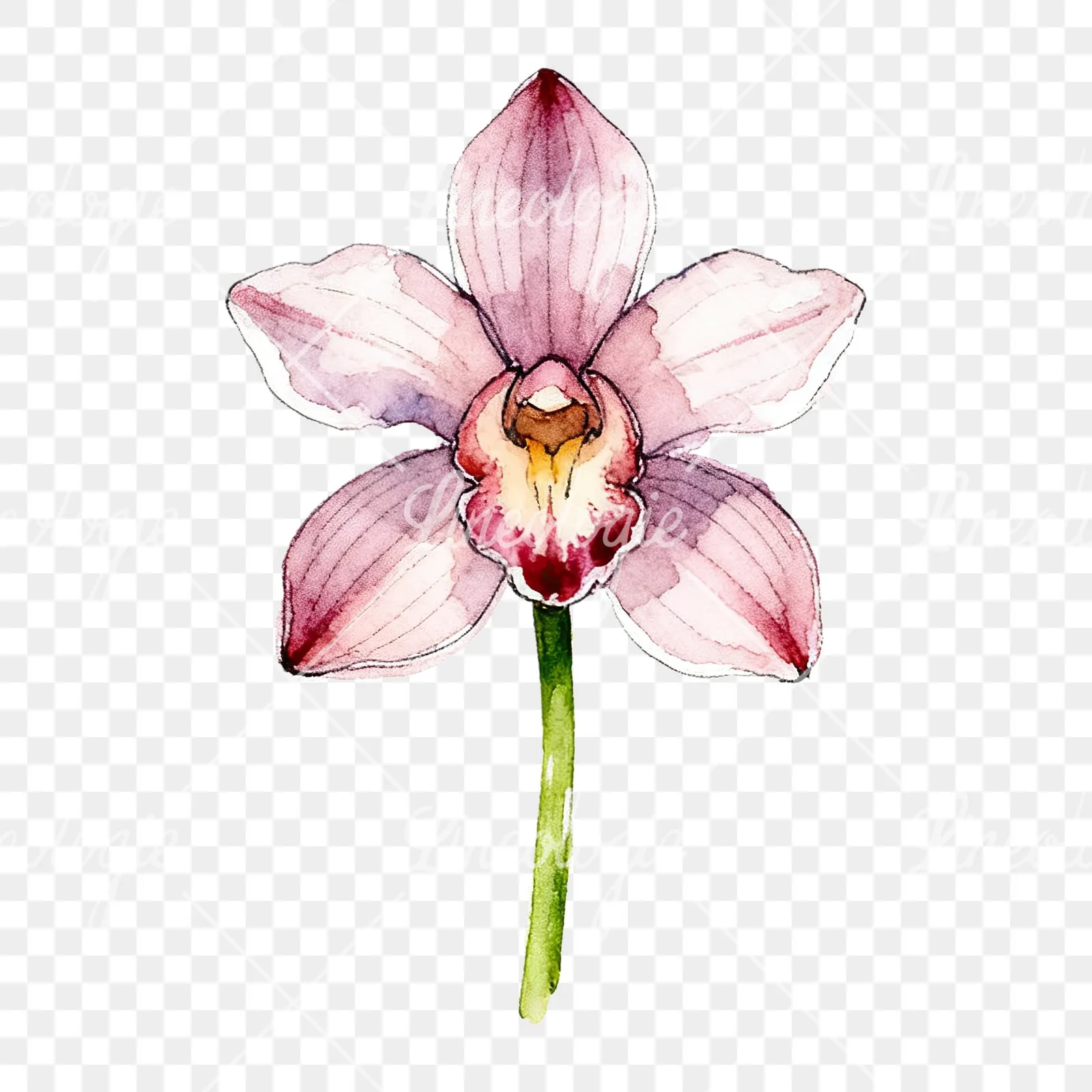 Watercolor single orchid bloom clipart 9 of 9 on a transparent background (PNG)