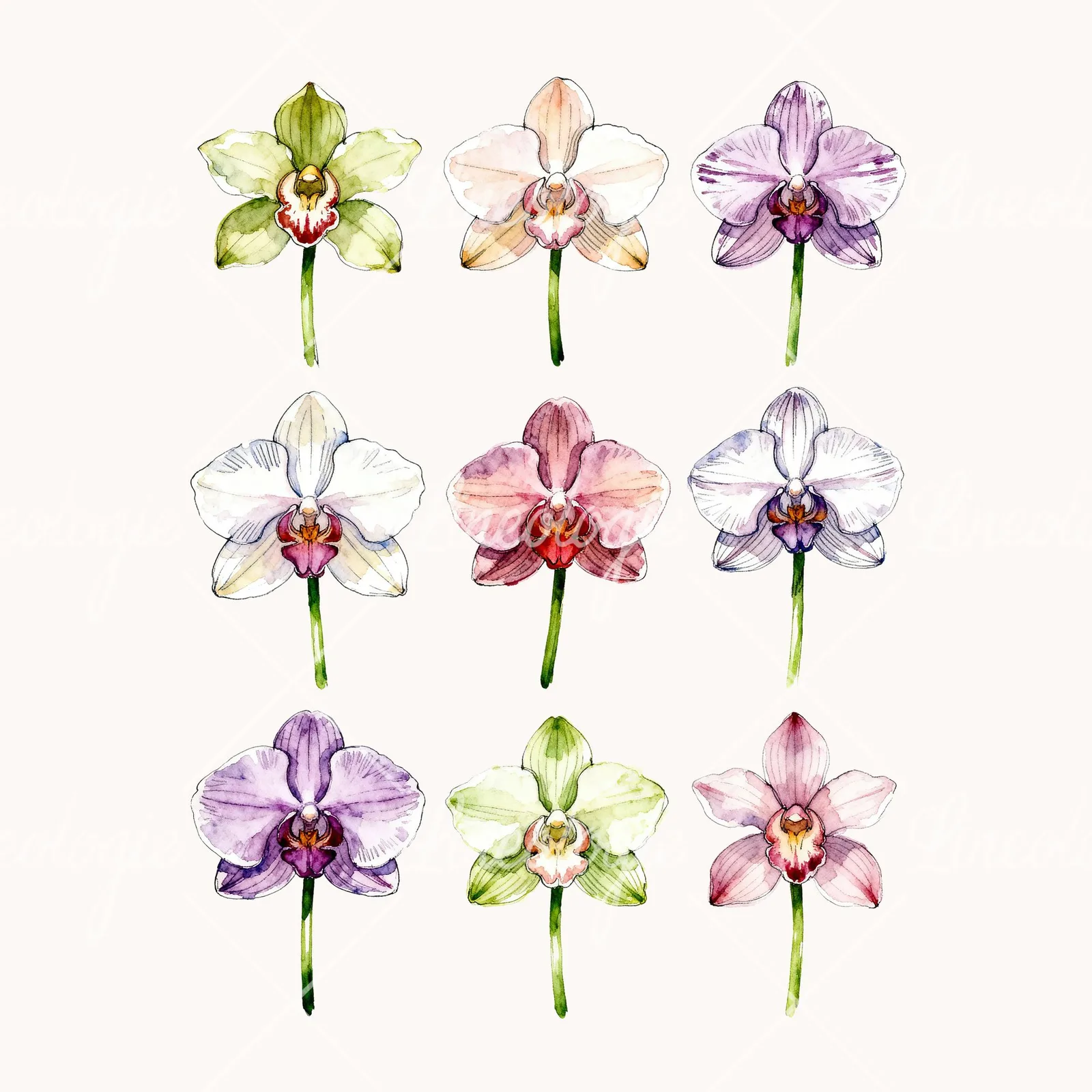 Watercolor Single Orchid Bloom Clipart, all 9 illustrations in the pack