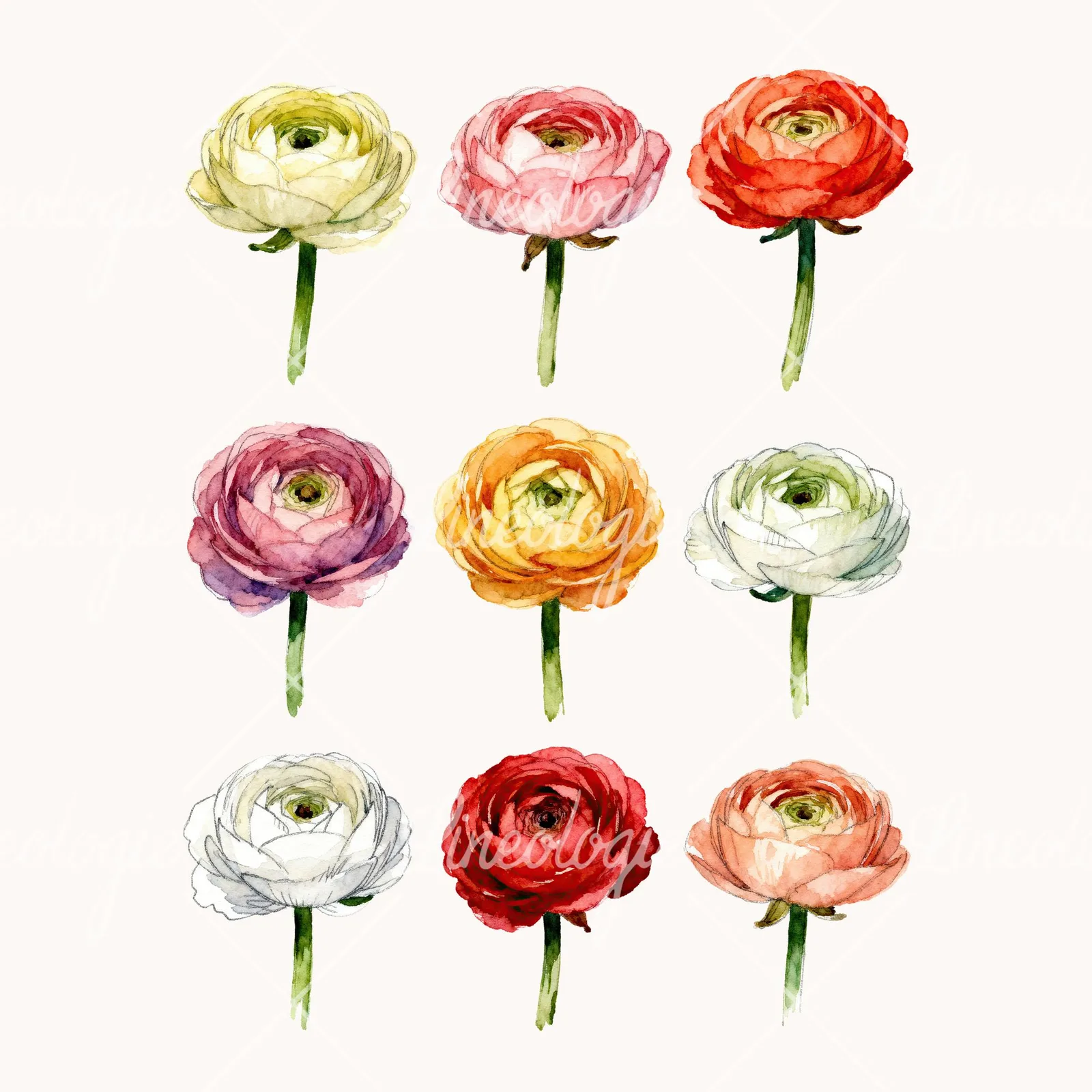 Watercolor Ranunculus Flower Clipart, all 9 illustrations in the pack
