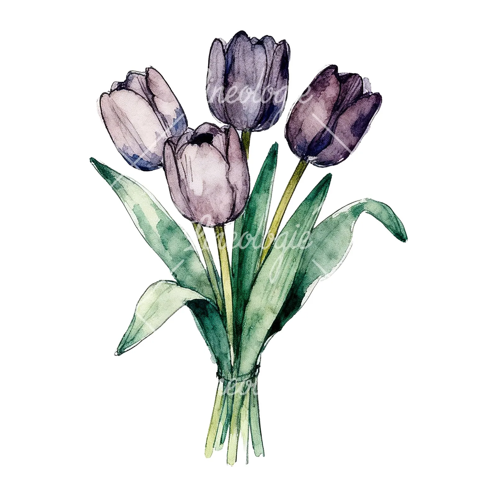 Watercolor purple and orange tulip bouquet clipart 1 of 9 on a white background (JPG)