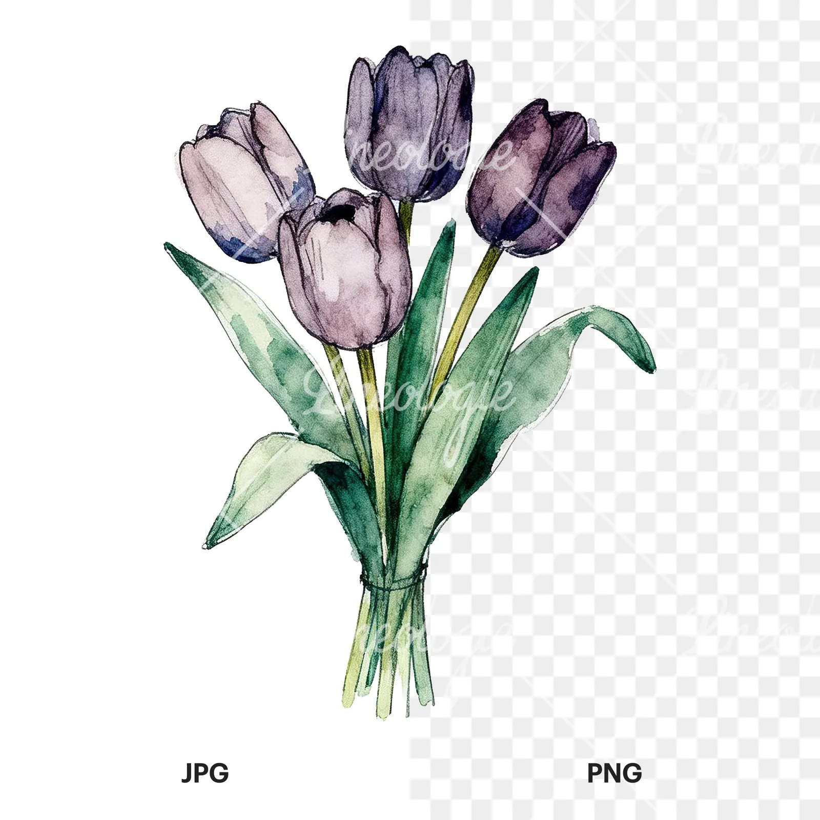 Watercolor purple and orange tulip bouquet clipart 1 of 9, as a JPG on white and a transparent PNG
