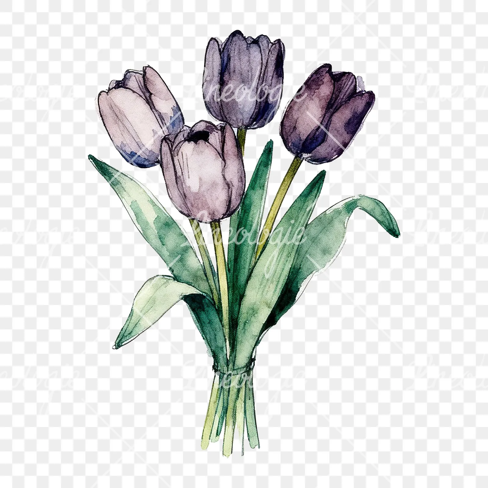 Watercolor purple and orange tulip bouquet clipart 1 of 9 on a transparent background (PNG)