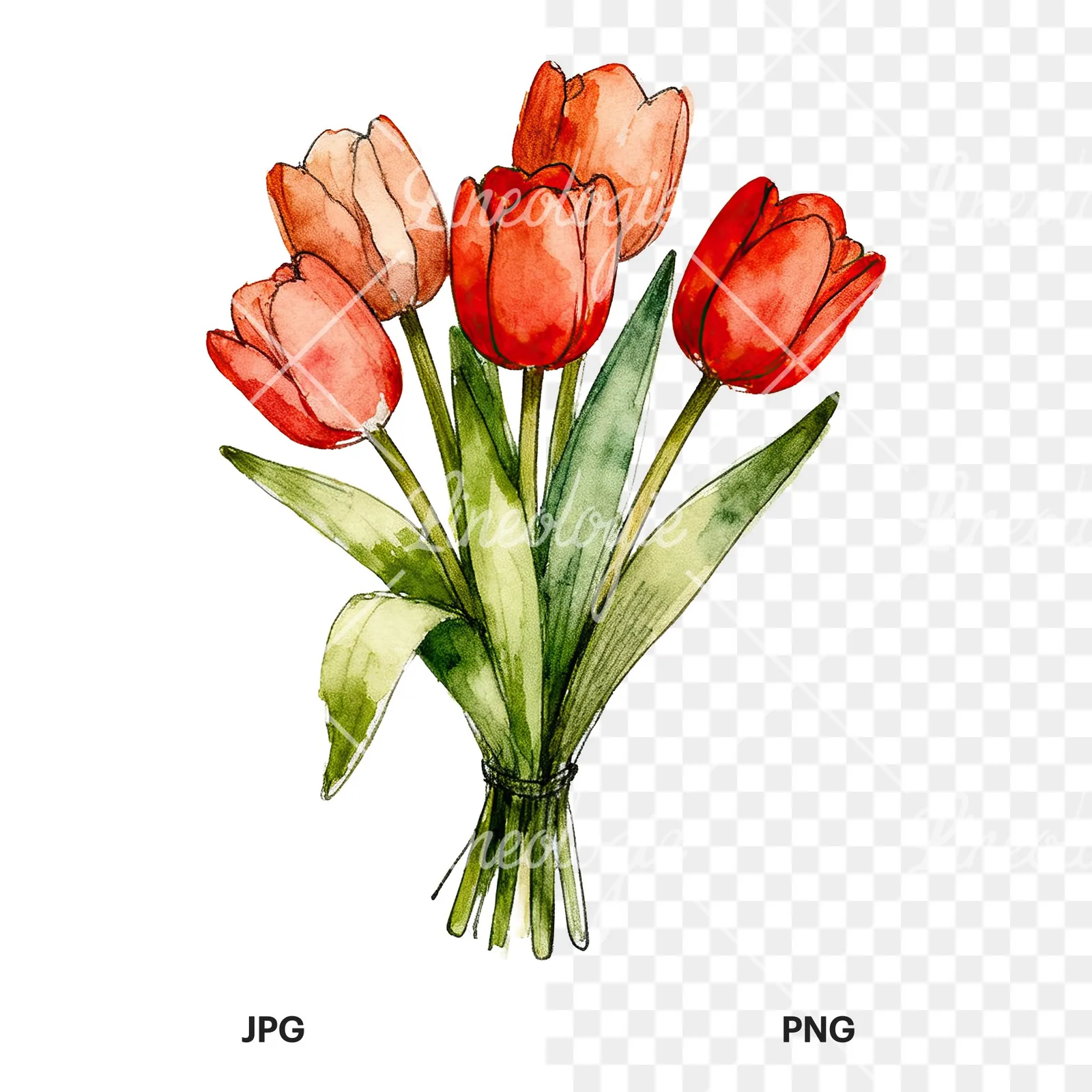 Watercolor purple and orange tulip bouquet clipart 2 of 9, as a JPG on white and a transparent PNG
