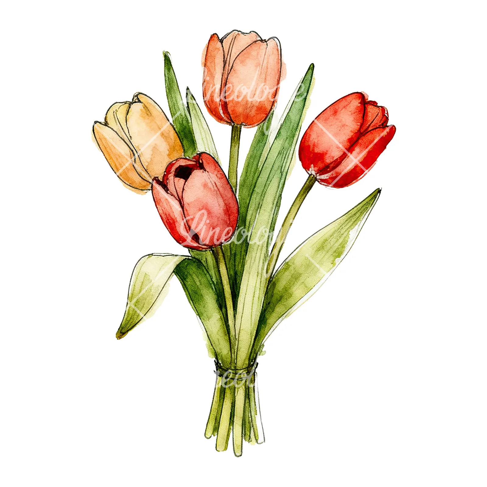 Watercolor purple and orange tulip bouquet clipart 3 of 9 on a white background (JPG)