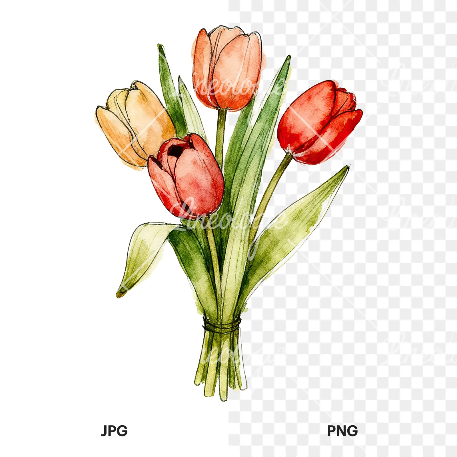 Watercolor purple and orange tulip bouquet clipart 3 of 9, as a JPG on white and a transparent PNG