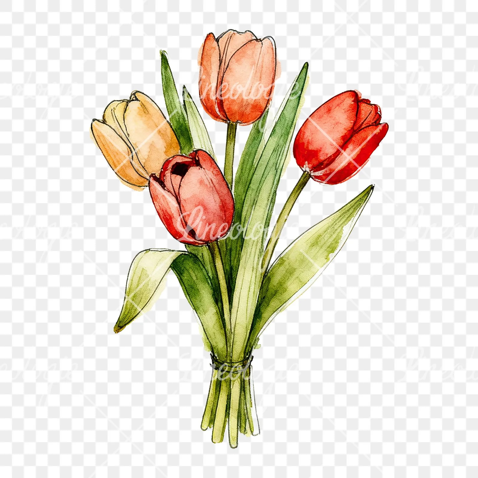 Watercolor purple and orange tulip bouquet clipart 3 of 9 on a transparent background (PNG)