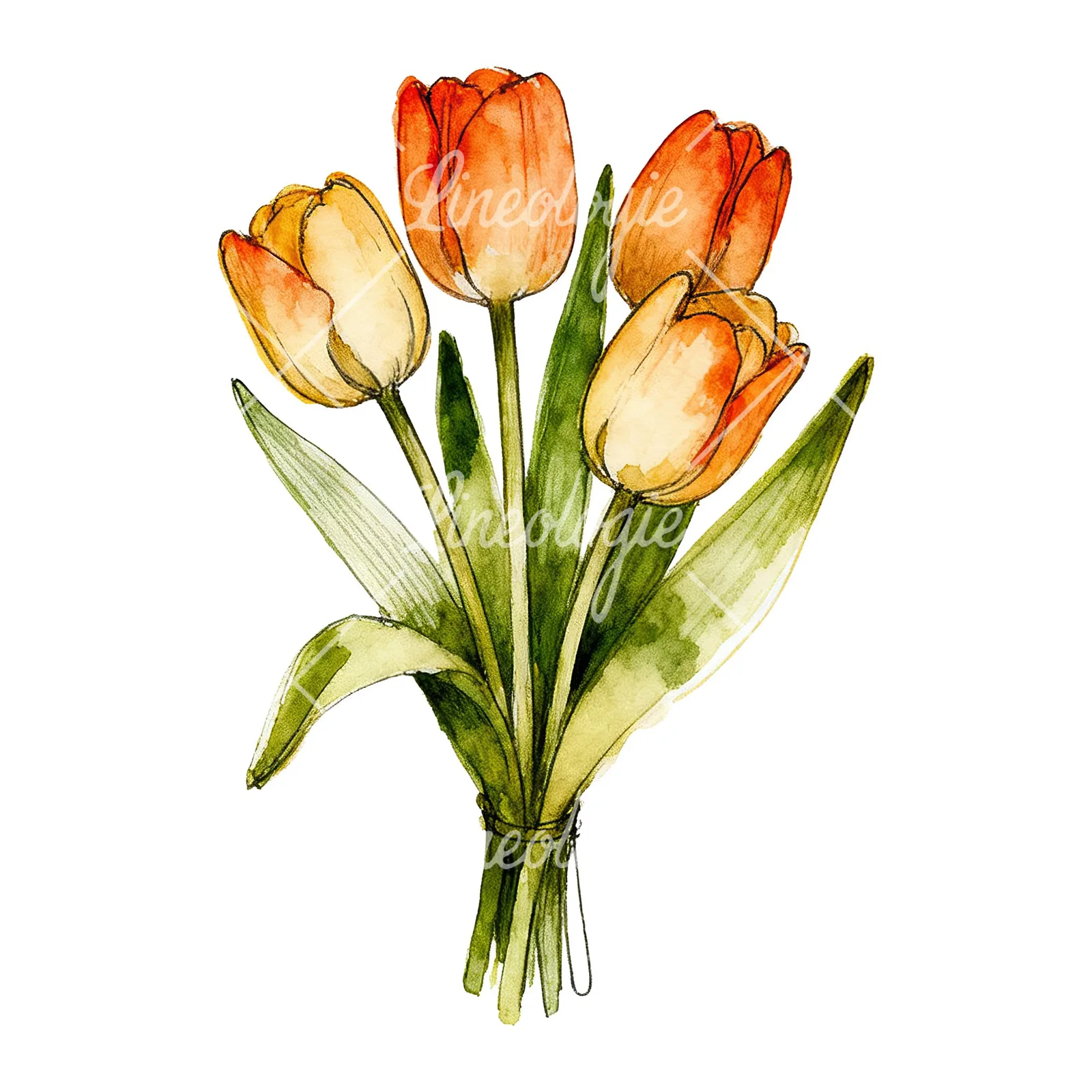 Watercolor purple and orange tulip bouquet clipart 4 of 9 on a white background (JPG)