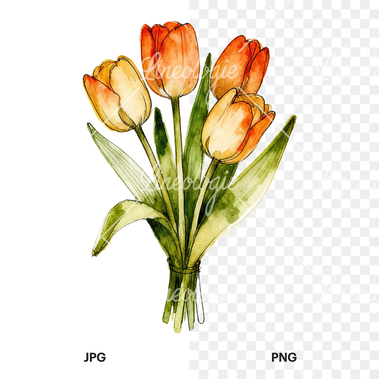 Watercolor purple and orange tulip bouquet clipart 4 of 9, as a JPG on white and a transparent PNG