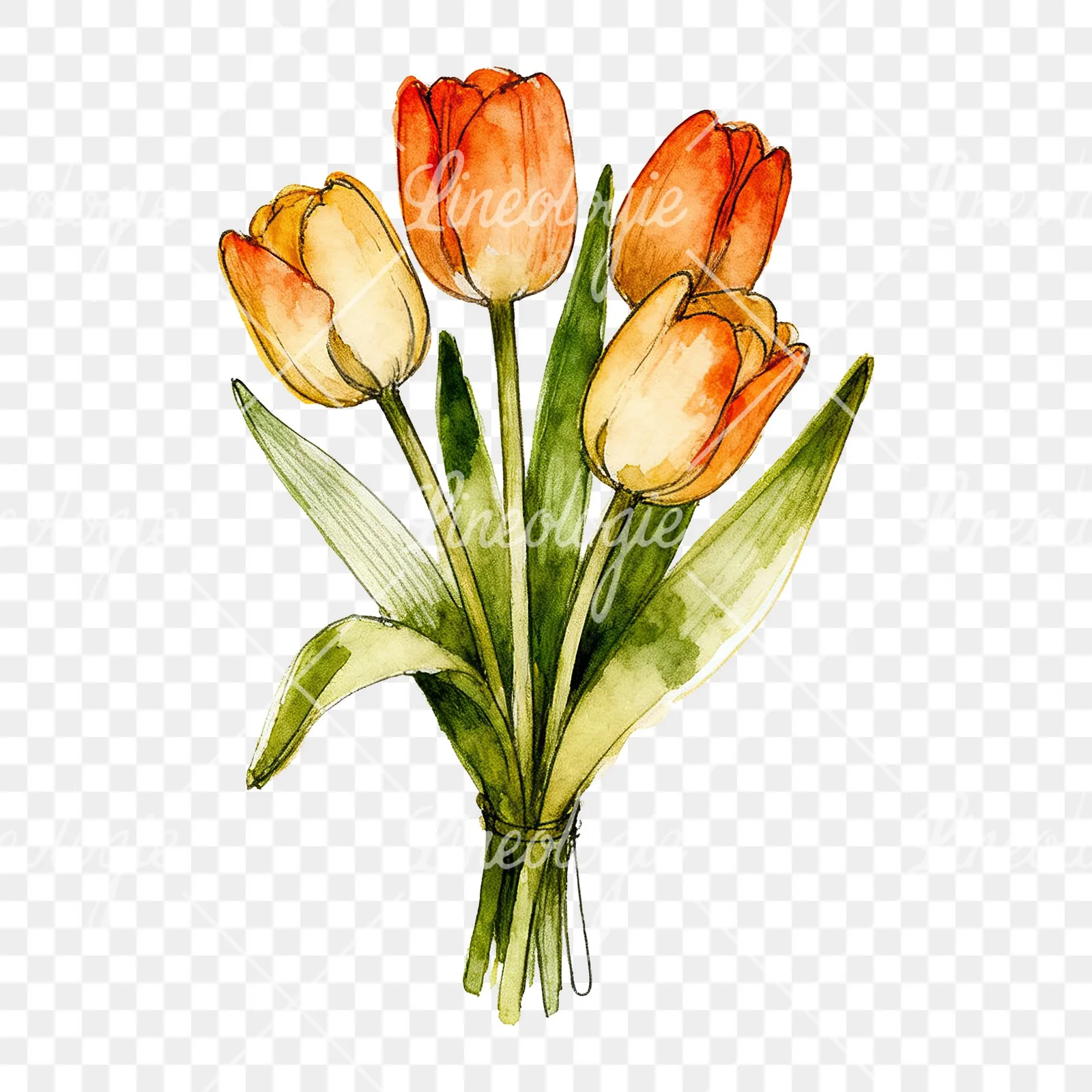 Watercolor purple and orange tulip bouquet clipart 4 of 9 on a transparent background (PNG)