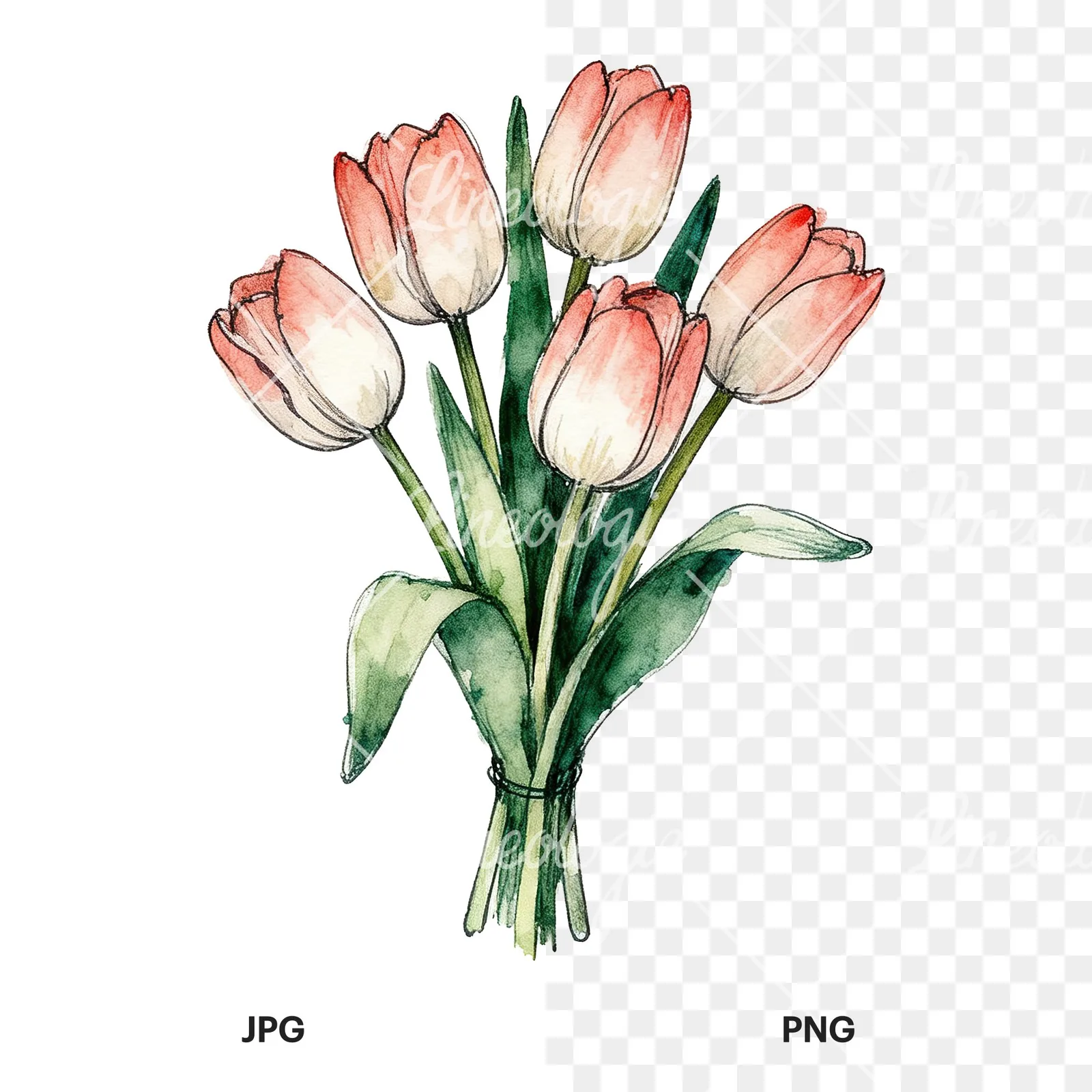 Watercolor purple and orange tulip bouquet clipart 5 of 9, as a JPG on white and a transparent PNG