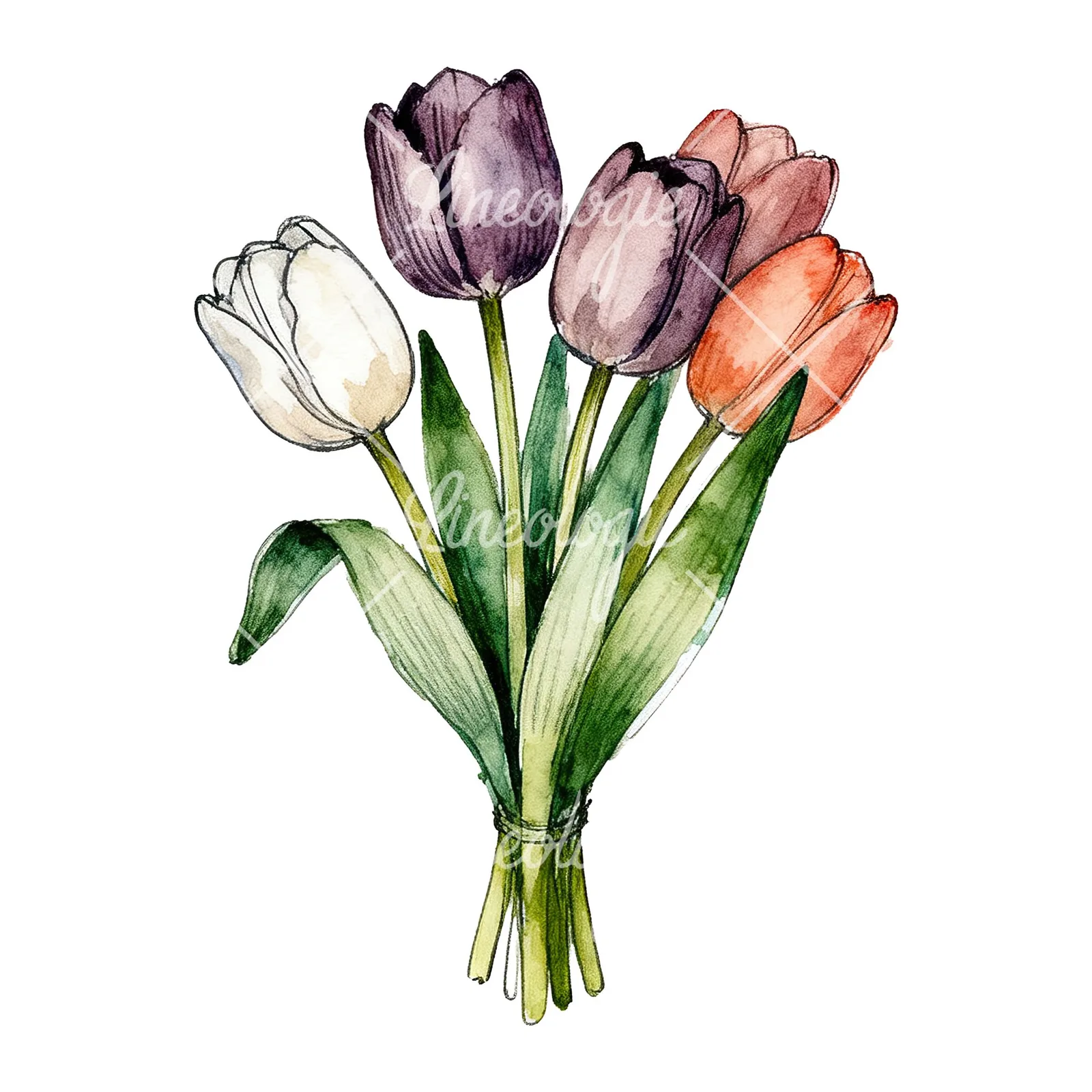 Watercolor purple and orange tulip bouquet clipart 6 of 9 on a white background (JPG)