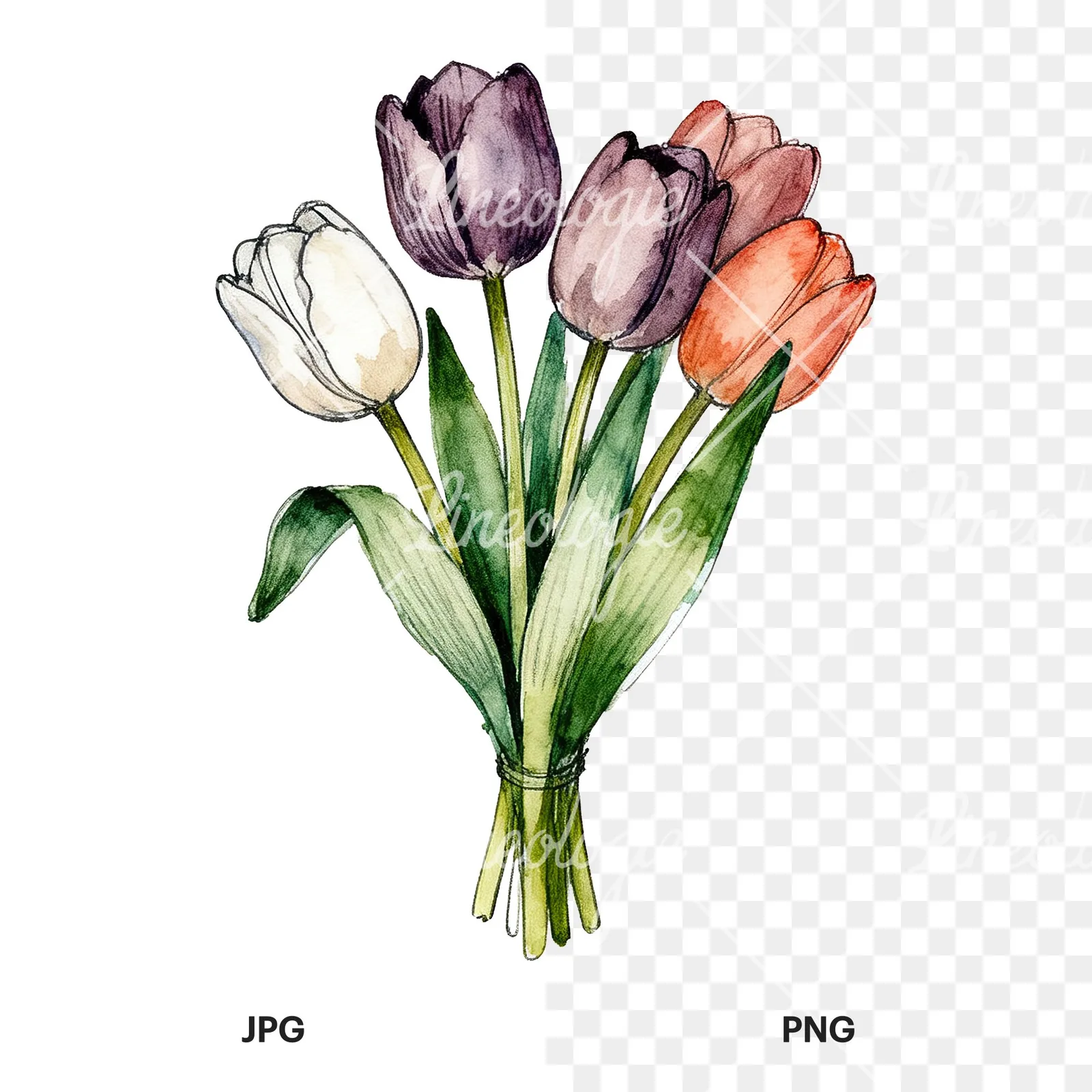 Watercolor purple and orange tulip bouquet clipart 6 of 9, as a JPG on white and a transparent PNG