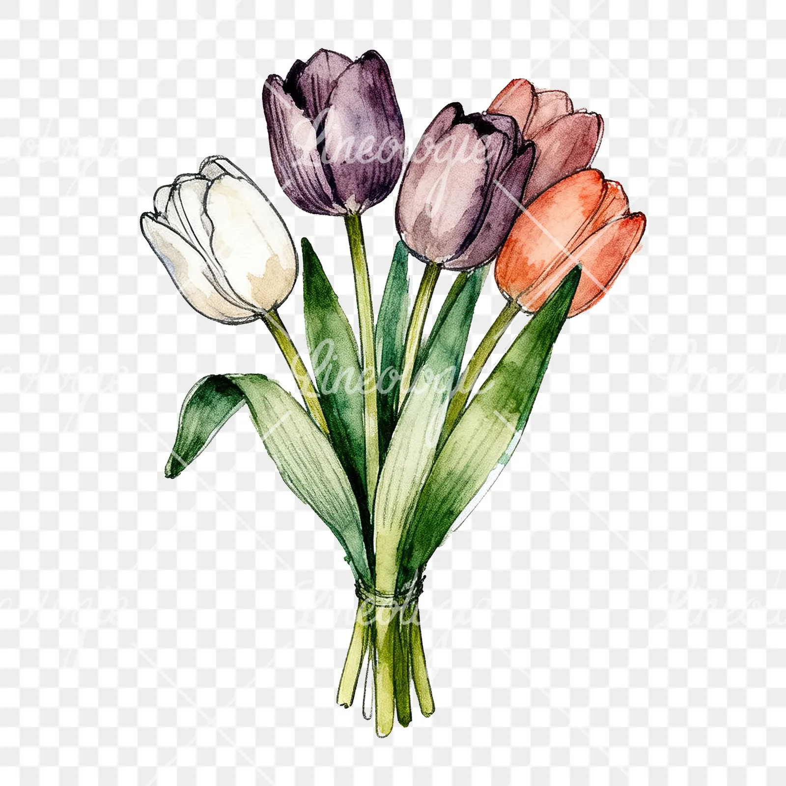 Watercolor purple and orange tulip bouquet clipart 6 of 9 on a transparent background (PNG)