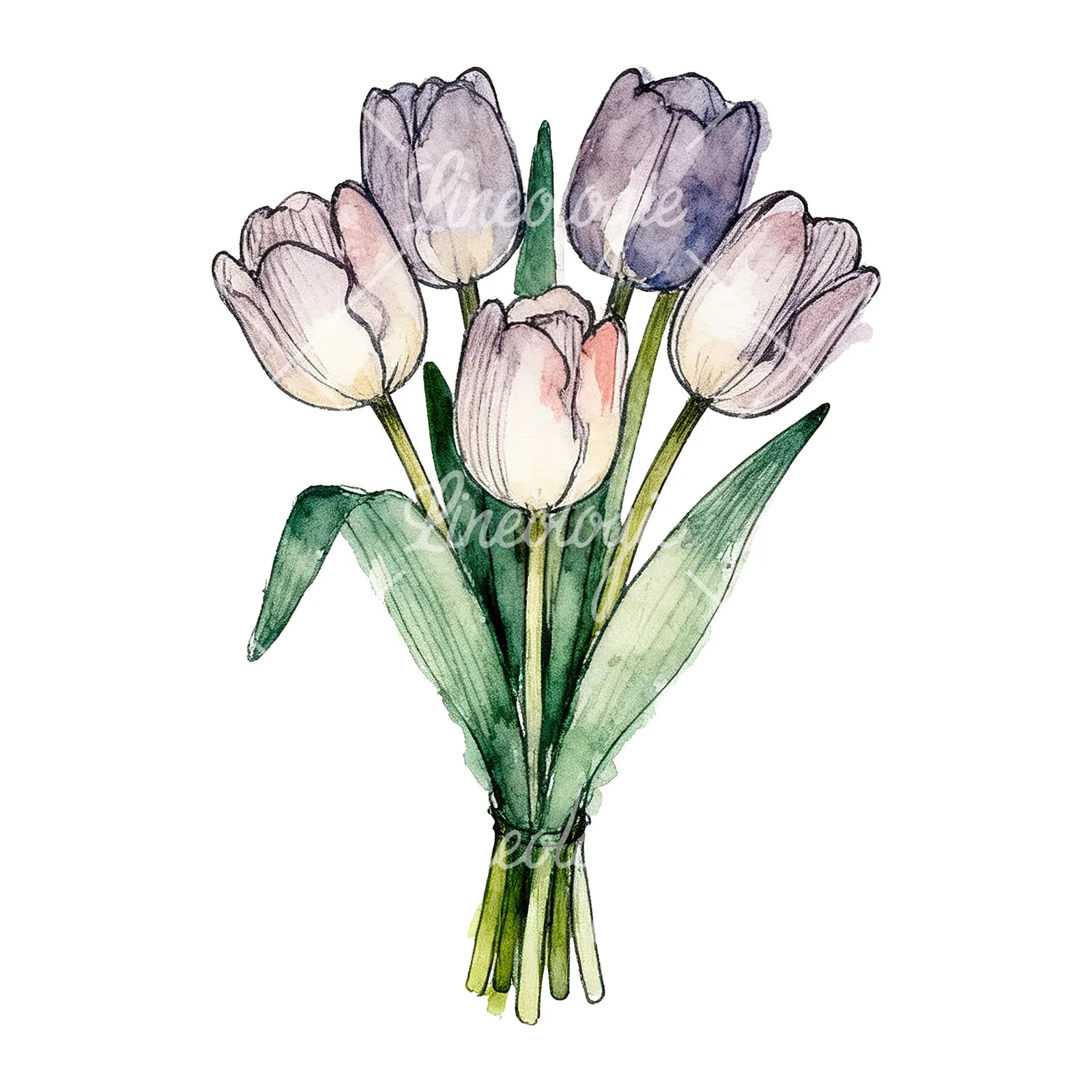 Watercolor purple and orange tulip bouquet clipart 7 of 9 on a white background (JPG)