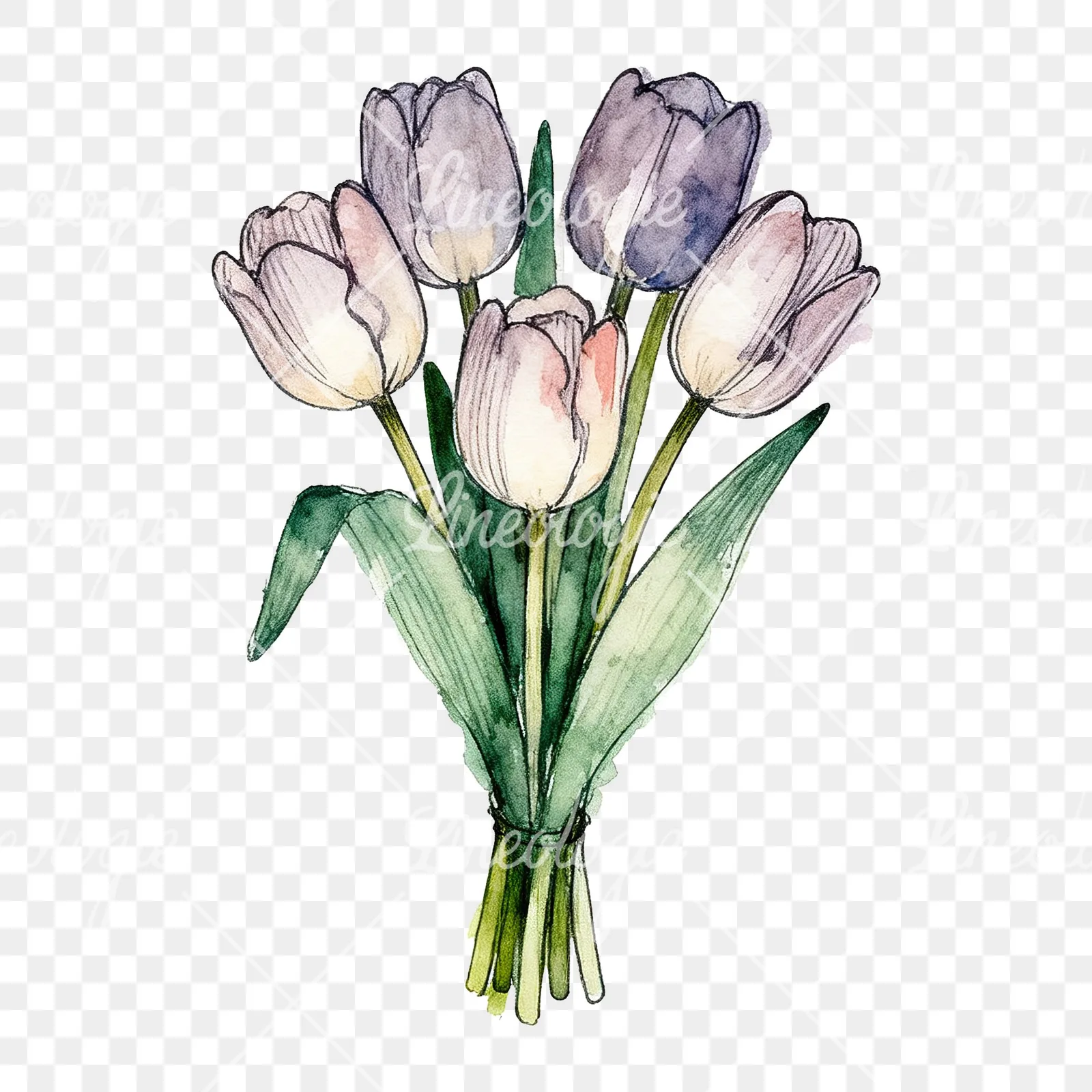 Watercolor purple and orange tulip bouquet clipart 7 of 9 on a transparent background (PNG)