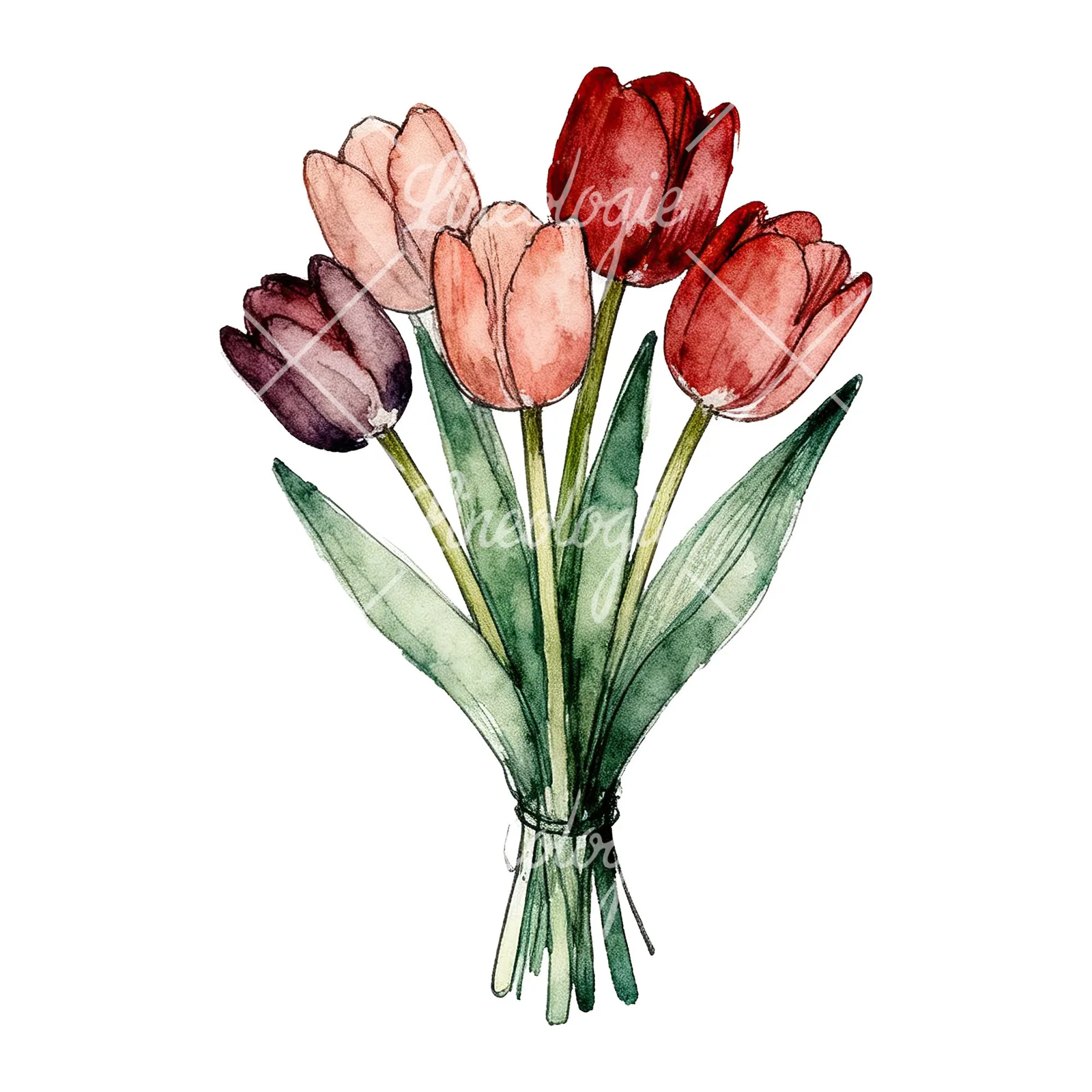 Watercolor purple and orange tulip bouquet clipart 8 of 9 on a white background (JPG)