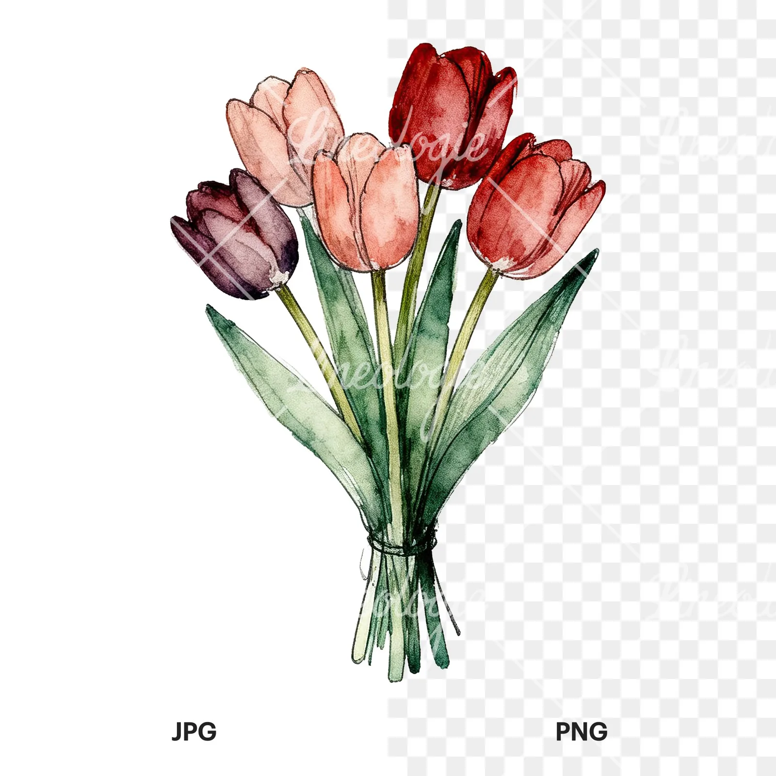 Watercolor purple and orange tulip bouquet clipart 8 of 9, as a JPG on white and a transparent PNG