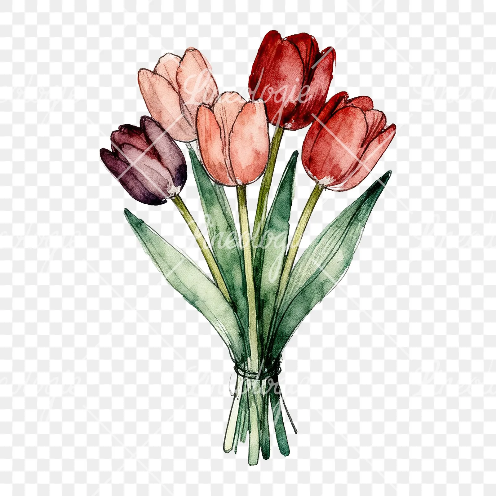 Watercolor purple and orange tulip bouquet clipart 8 of 9 on a transparent background (PNG)