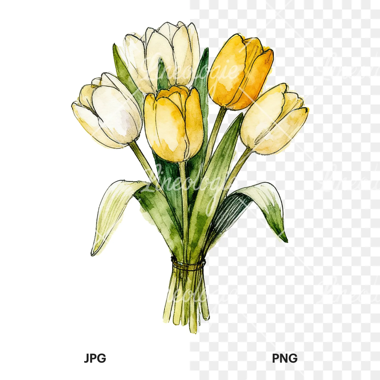 Watercolor purple and orange tulip bouquet clipart 9 of 9, as a JPG on white and a transparent PNG
