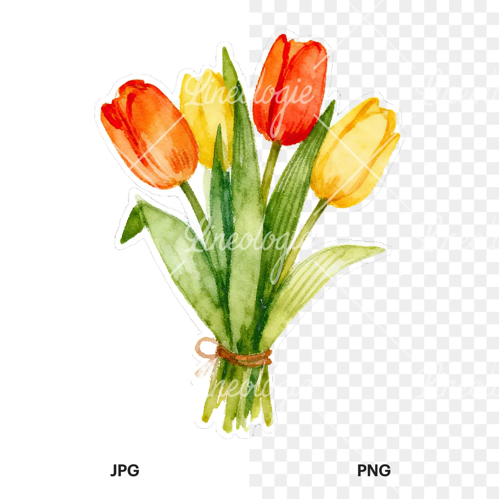 Watercolor tied tulip bouquet clipart 1 of 9, as a JPG on white and a transparent PNG