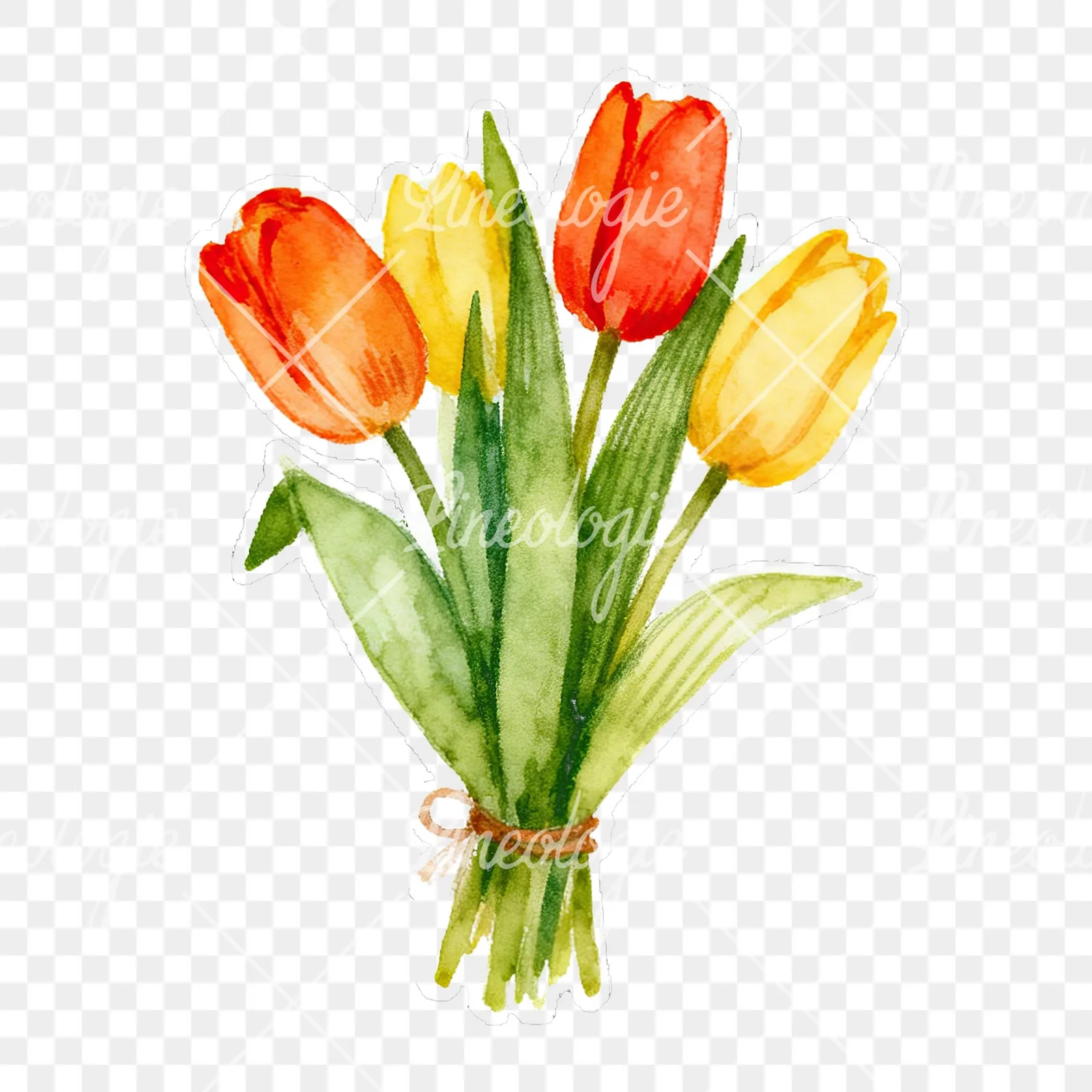 Watercolor tied tulip bouquet clipart 1 of 9 on a transparent background (PNG)